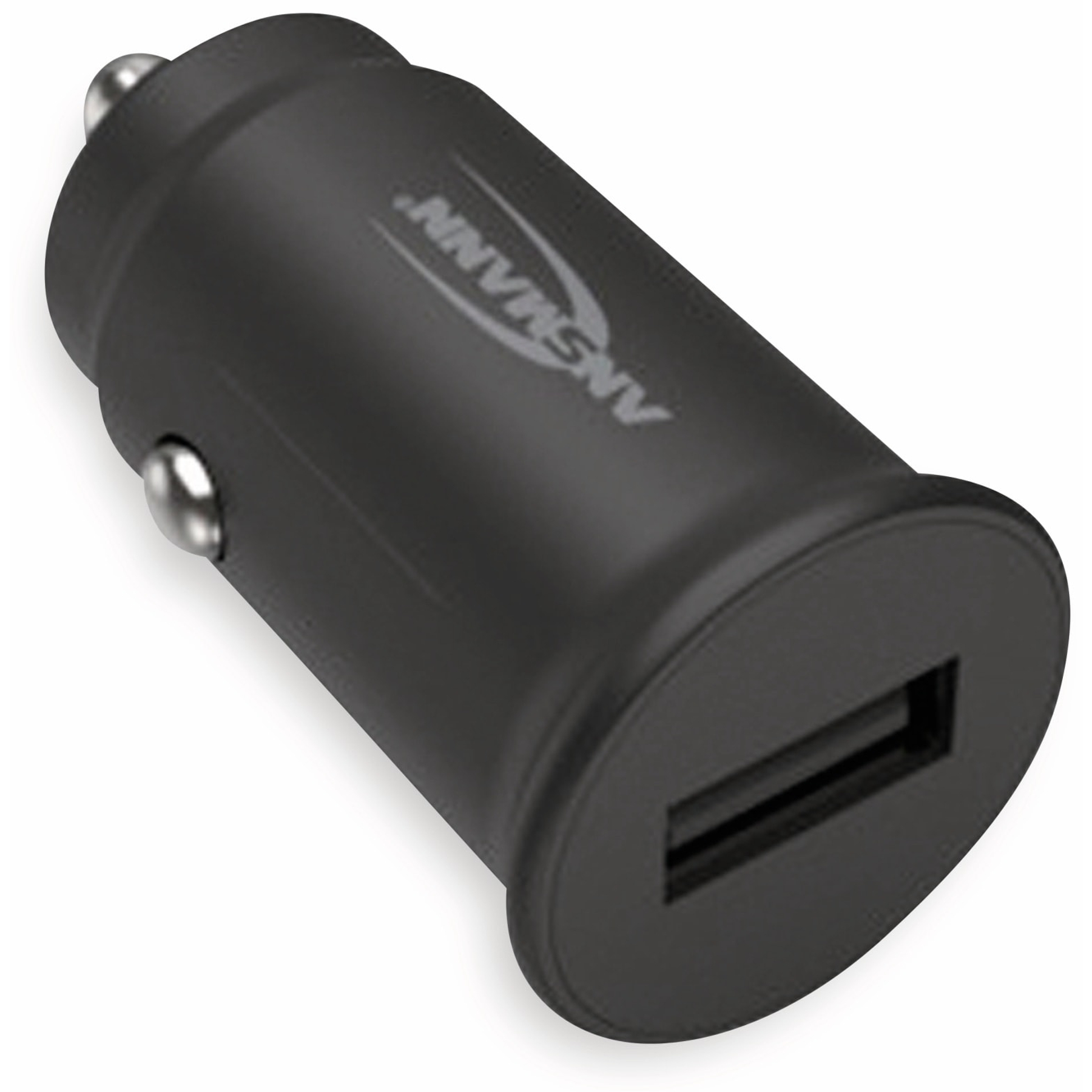 Caricabatterie per auto nero con porta USB e dettagli argentati, vista angolata su sfondo bianco. Logo ANSMANN visibile.
