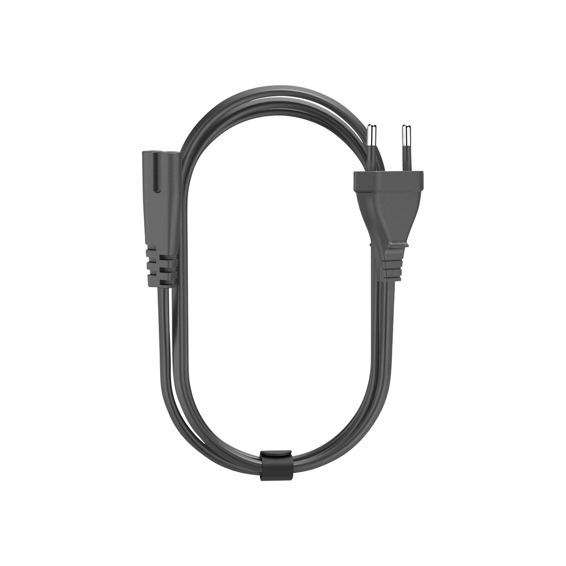 Ein graues Stromkabel in Schlaufenform, mit einem Stecker an einem Ende und einer Buchse am anderen, vor weißem Hintergrund.