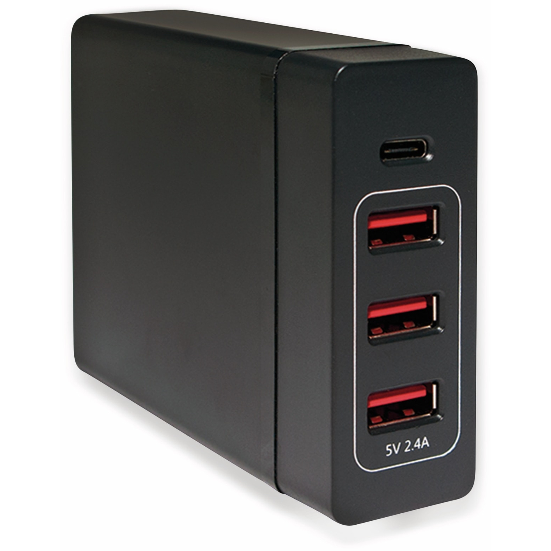 Ein schwarzes Ladegerät mit 3 USB-Anschlüssen mit roten Innenräumen und einem USB-C-Anschluss. Es ist mit 5V 2.4A beschriftet.