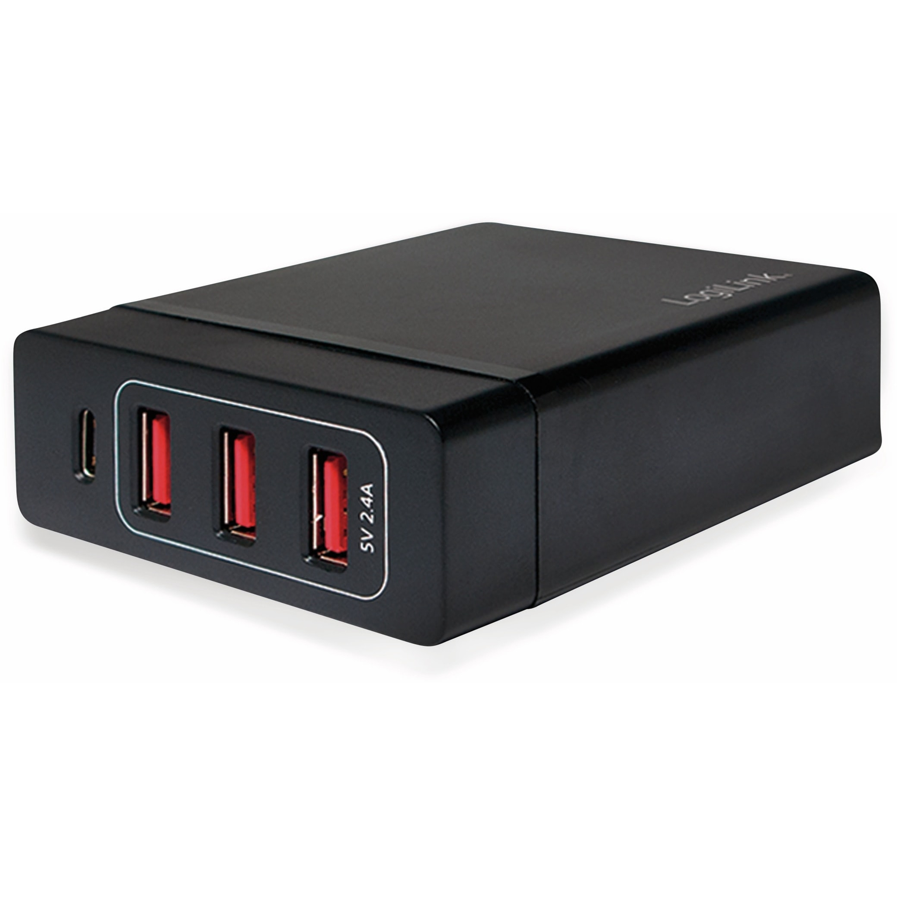 Eine schwarze LogiLink USB-Ladestation mit vier USB-Anschlüssen mit roter Innenausstattung. Sie hat einen USB-C-Anschluss.