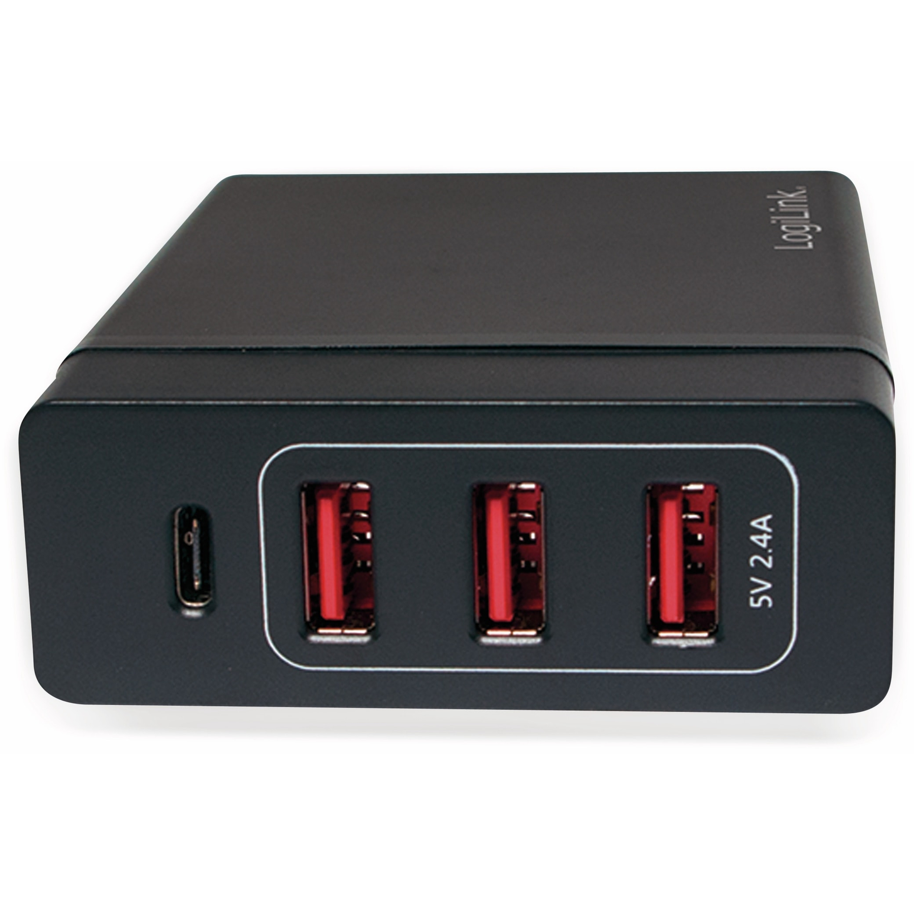 Schwarzes LogiLink-USB-Ladegerät mit drei USB-Anschlüssen und einem USB-C-Anschluss. Jeder USB-Anschluss hat ein rotes Innenteil. Weißer Hintergrund.