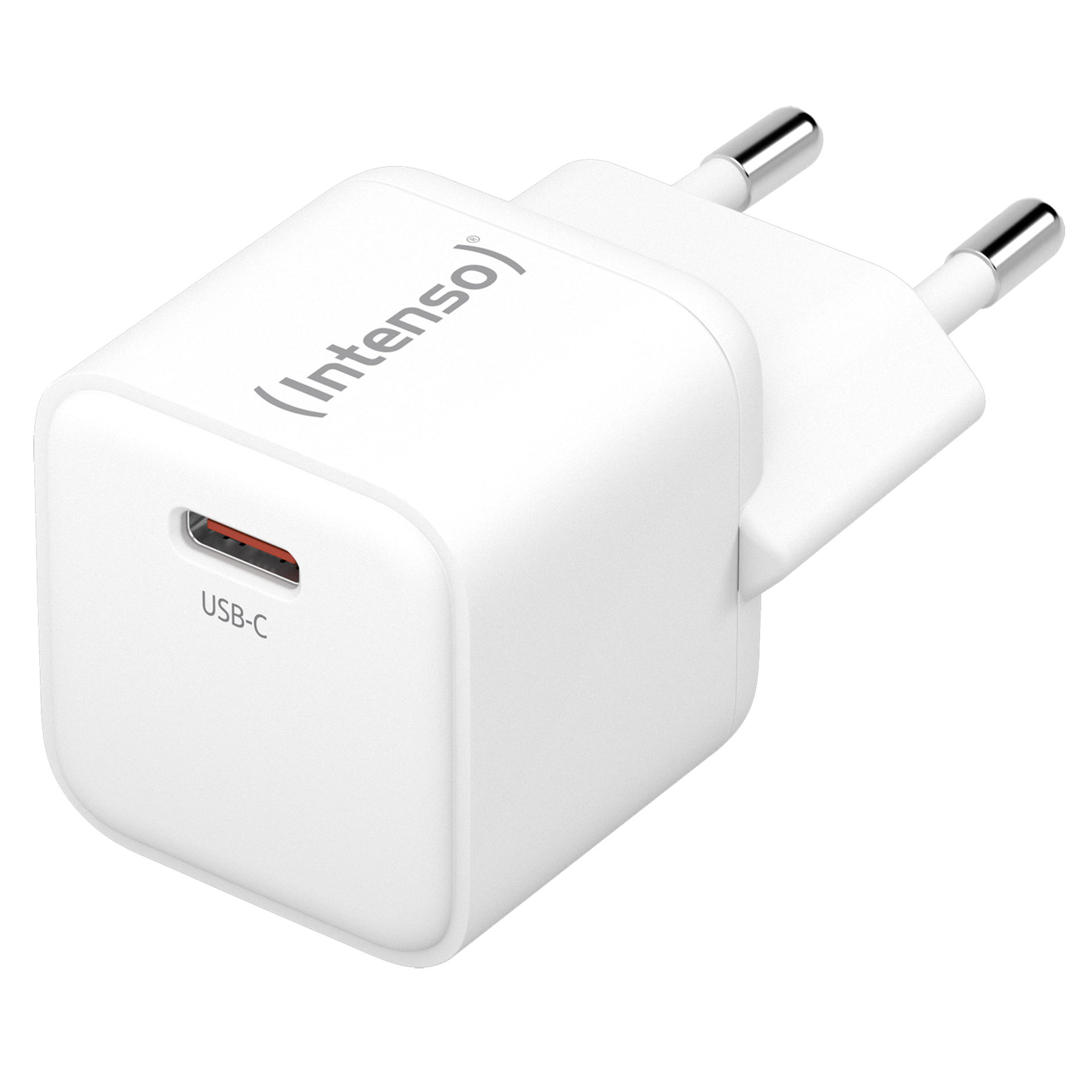Un caricatore USB-C Intenso bianco con spine argentate. Ha il marchio e USB-C scritti sul davanti.