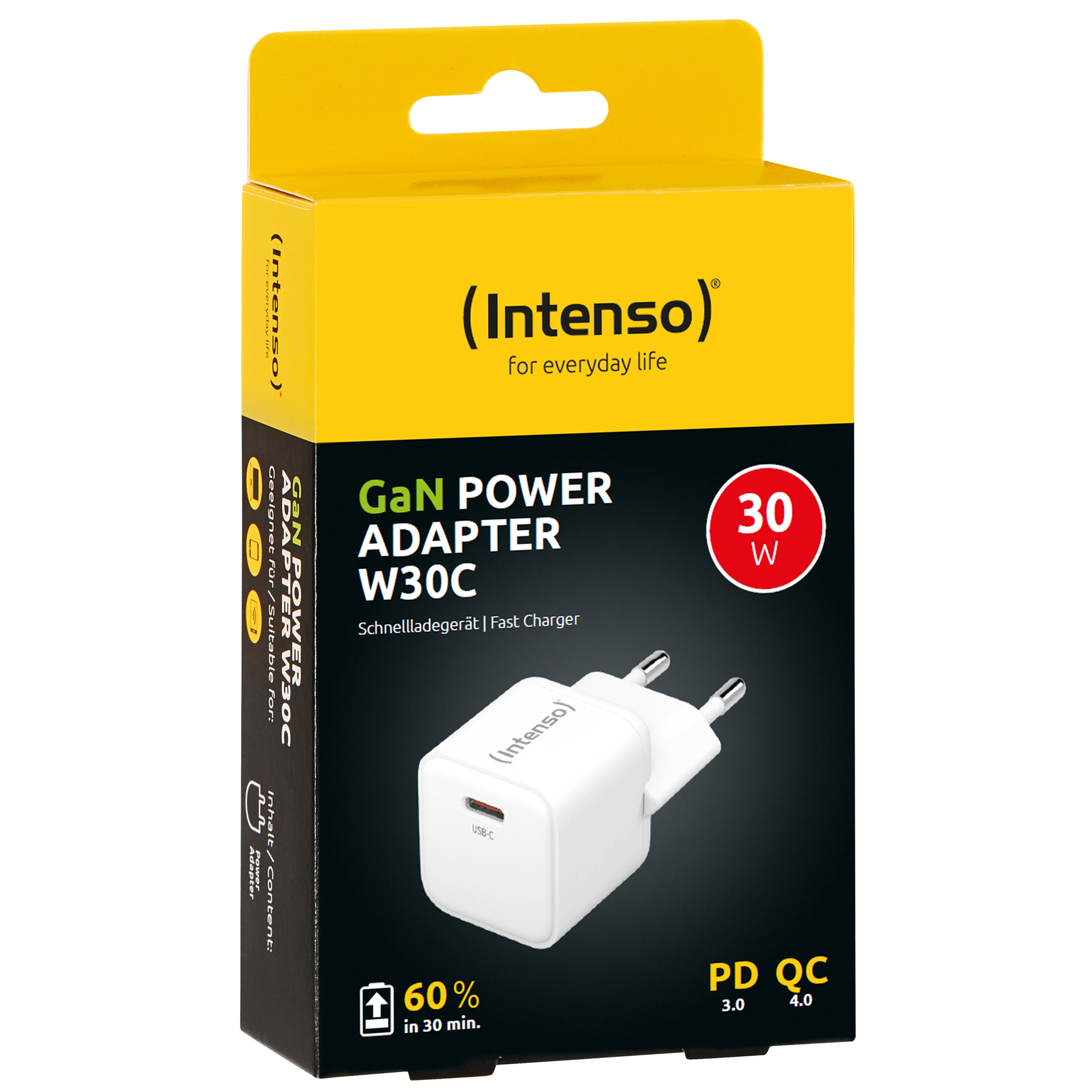 Un adattatore di alimentazione Intenso GaN Power W30C bianco è mostrato su una scatola gialla e nera. L'adattatore ha una porta USB-C.