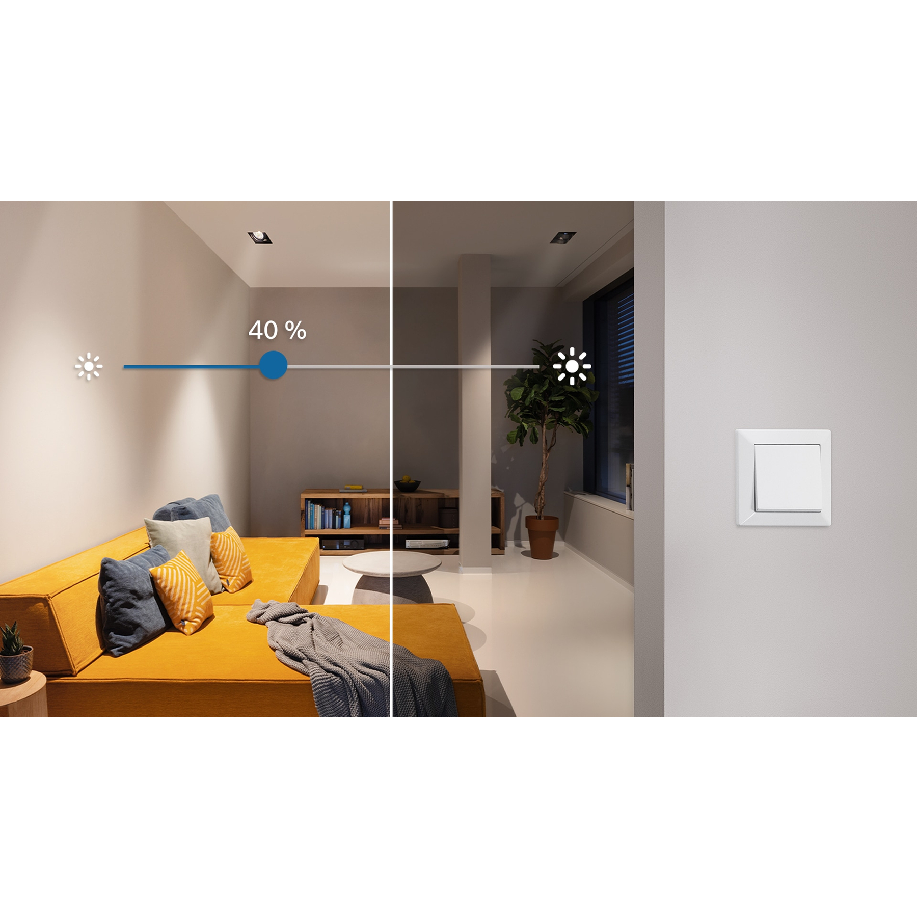 Ein Raum mit gelbem Sofa, Pflanze und Lichtschalter. Die Lichteinstellung beträgt 40 %.