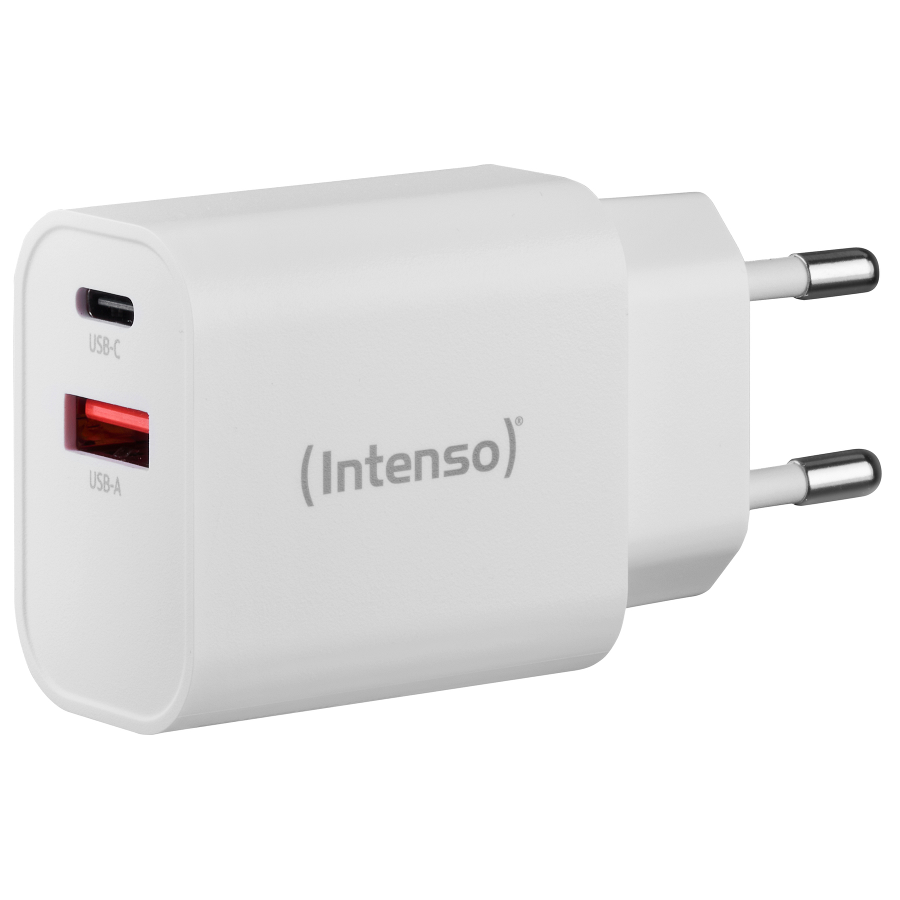Caricabatterie USB Intenso bianco con porte USB-C e USB-A. La porta USB-A è rossa. Ha due pin argentati.
