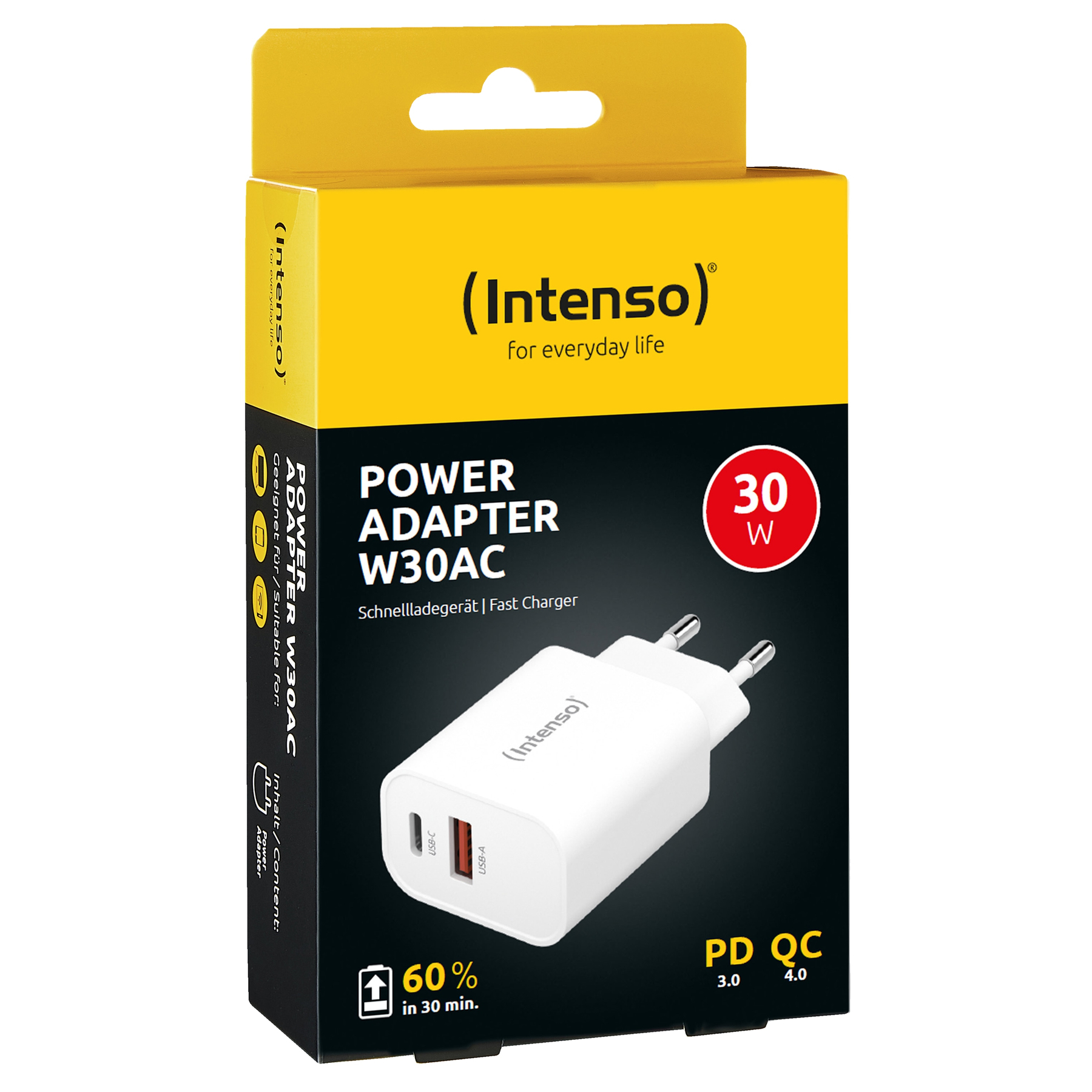 Un adattatore di alimentazione Intenso W30AC bianco su una scatola gialla e nera. Include porte USB-C e USB-A, 30W e ricarica rapida.