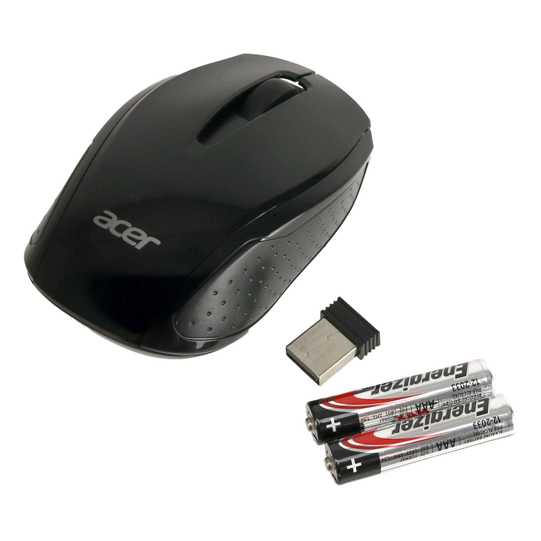 Eine schwarze Acer-Maus, ein USB-Empfänger und zwei Energizer AAA-Batterien liegen auf einer weißen Oberfläche.