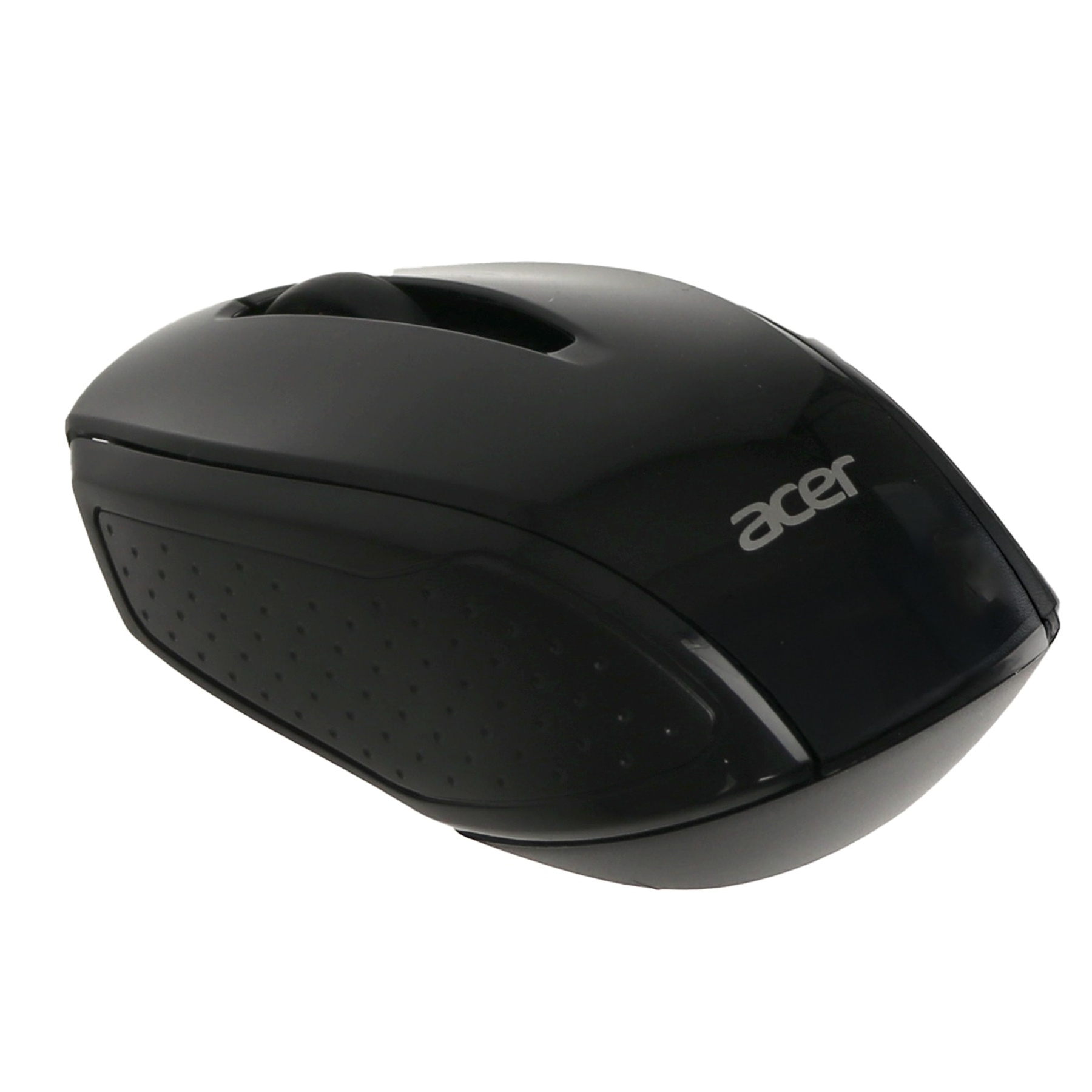 Eine schwarze, kabellose Acer-Maus mit Scrollrad. Das Acer-Logo ist sichtbar. Die Maus befindet sich auf weißem Grund.