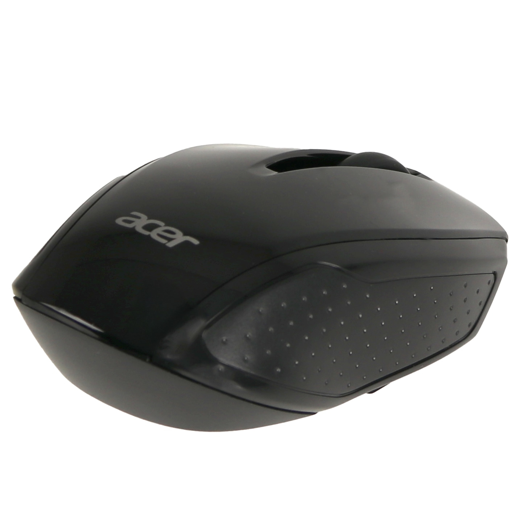 Eine schwarze Acer-Computermaus. Sie hat ein Scrollrad und strukturierte Seitengriffe. Das Acer-Logo ist sichtbar.