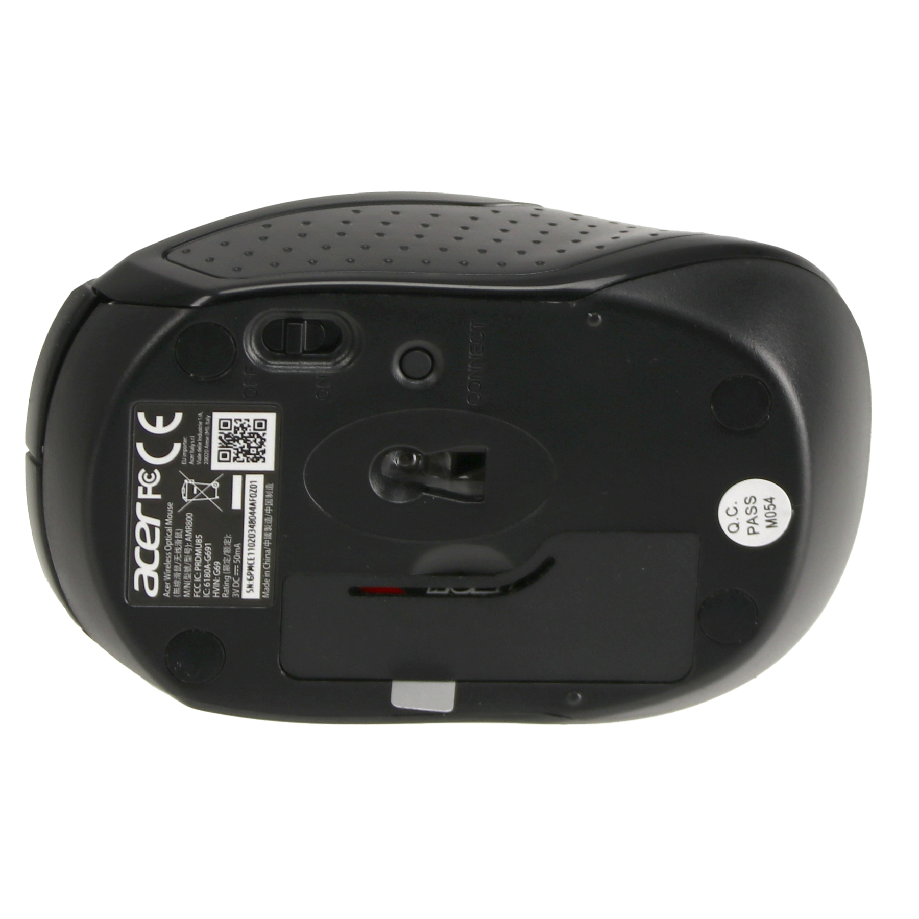 Schwarze Acer-Funkmaus, Unterseite. Merkmale sind ein Batteriefach, verschiedene Etiketten und ein Netzschalter.
