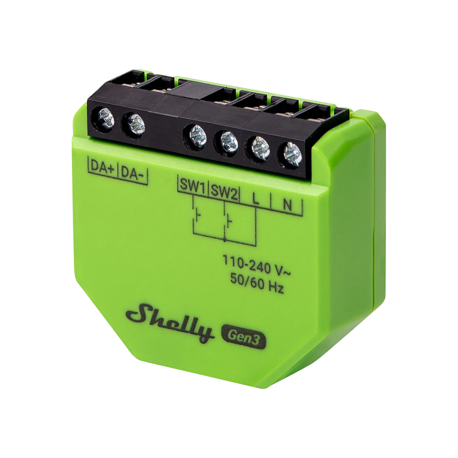 Zielony moduł smart home Shelly Gen3 z czarnymi zaciskami i etykietami dla połączeń i specyfikacji napięcia.