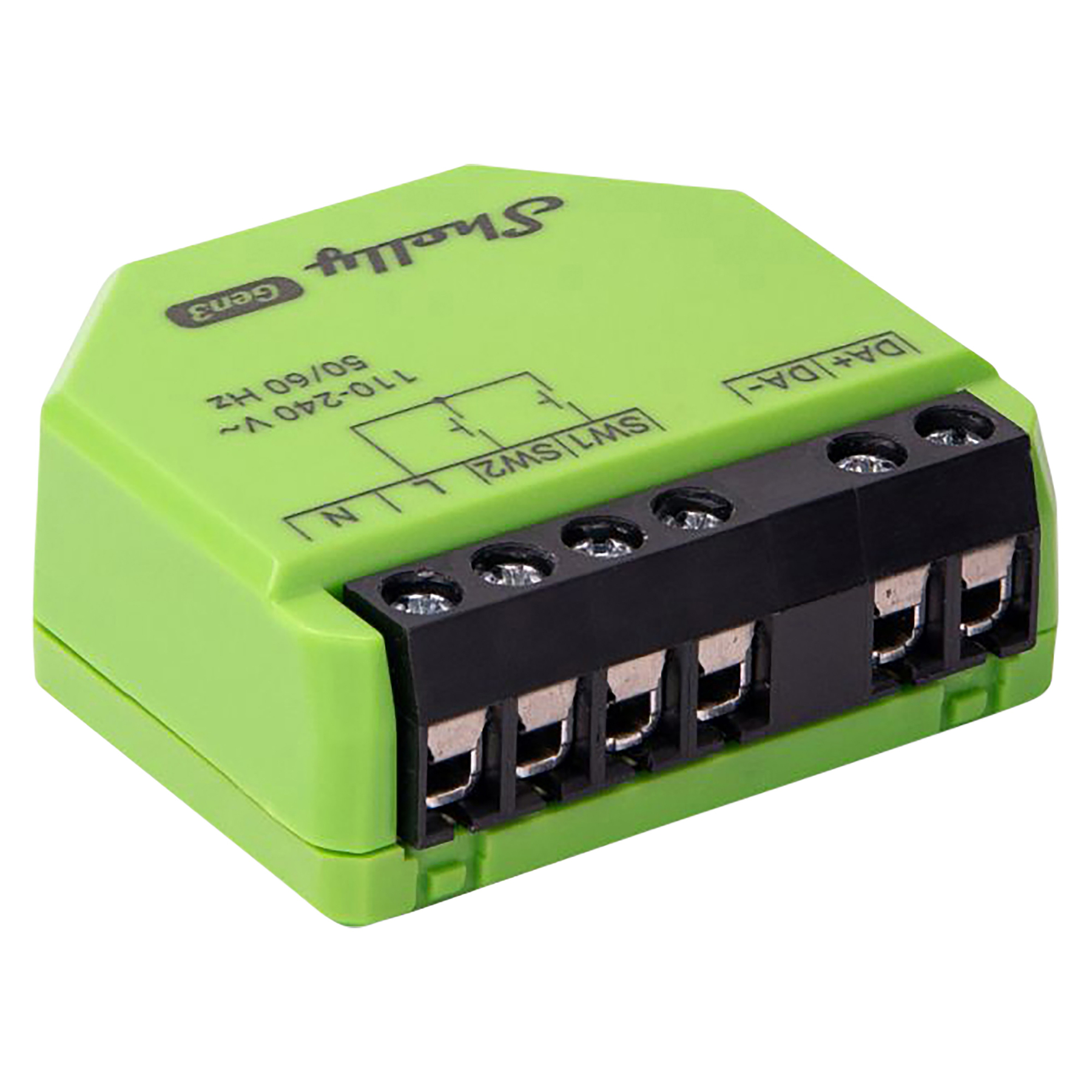 Zielone urządzenie elektroniczne z czarnymi zaciskami i etykietami. Urządzenie ma nadruk marki Shelly i Gen3.