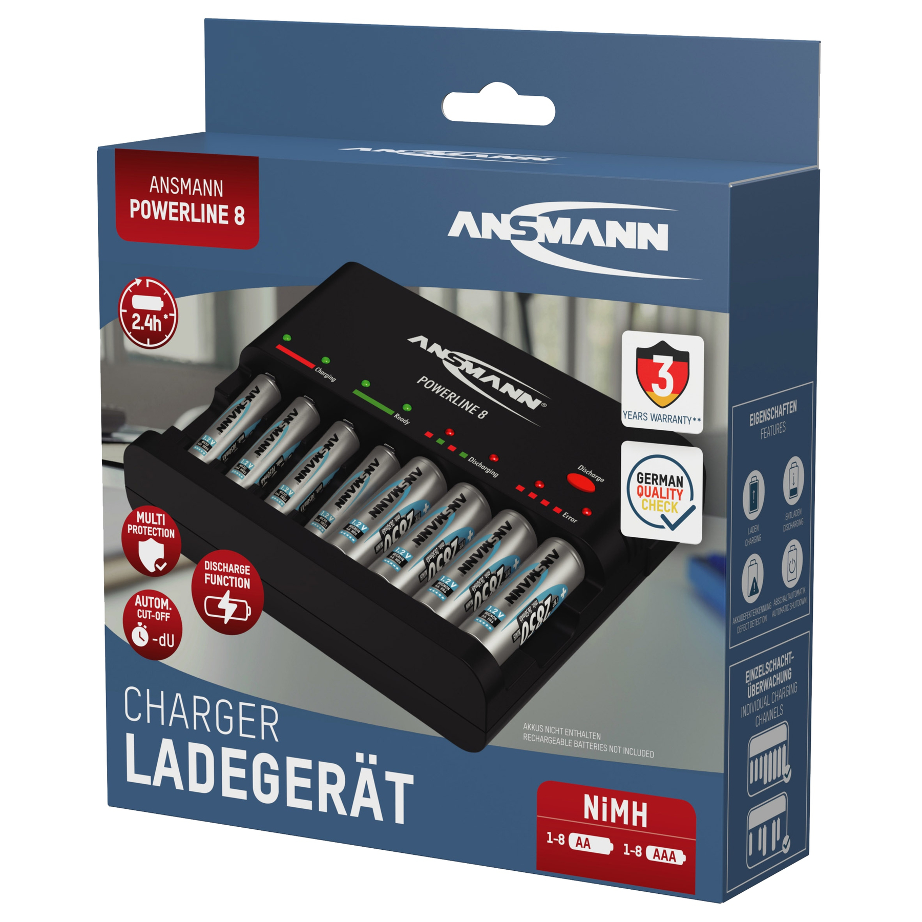 Eine Ladegerätbox mit einem schwarzen Ladegerät, Batterien und Symbolen. Auf der Box stehen der Markenname ANSMANN und POWERLINE 8.