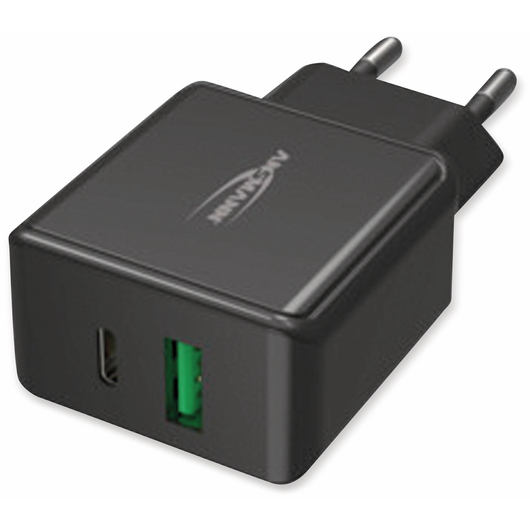 Caricabatterie CA nero con porte USB e di tipo C. Due spine argentate. Porta USB verde.
