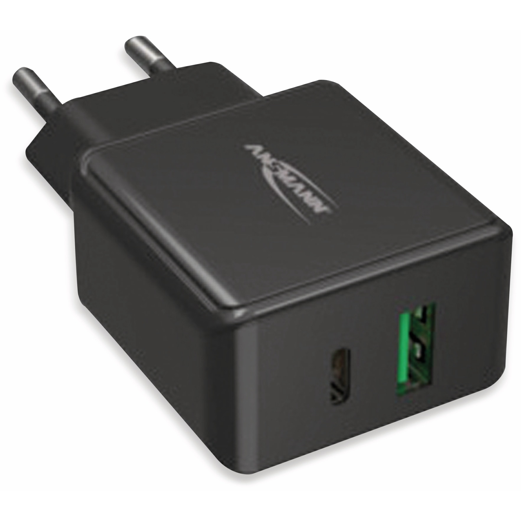 Un caricatore USB ANNSMANN nero con due spine. Ha una porta USB-C e una porta USB-A verde.