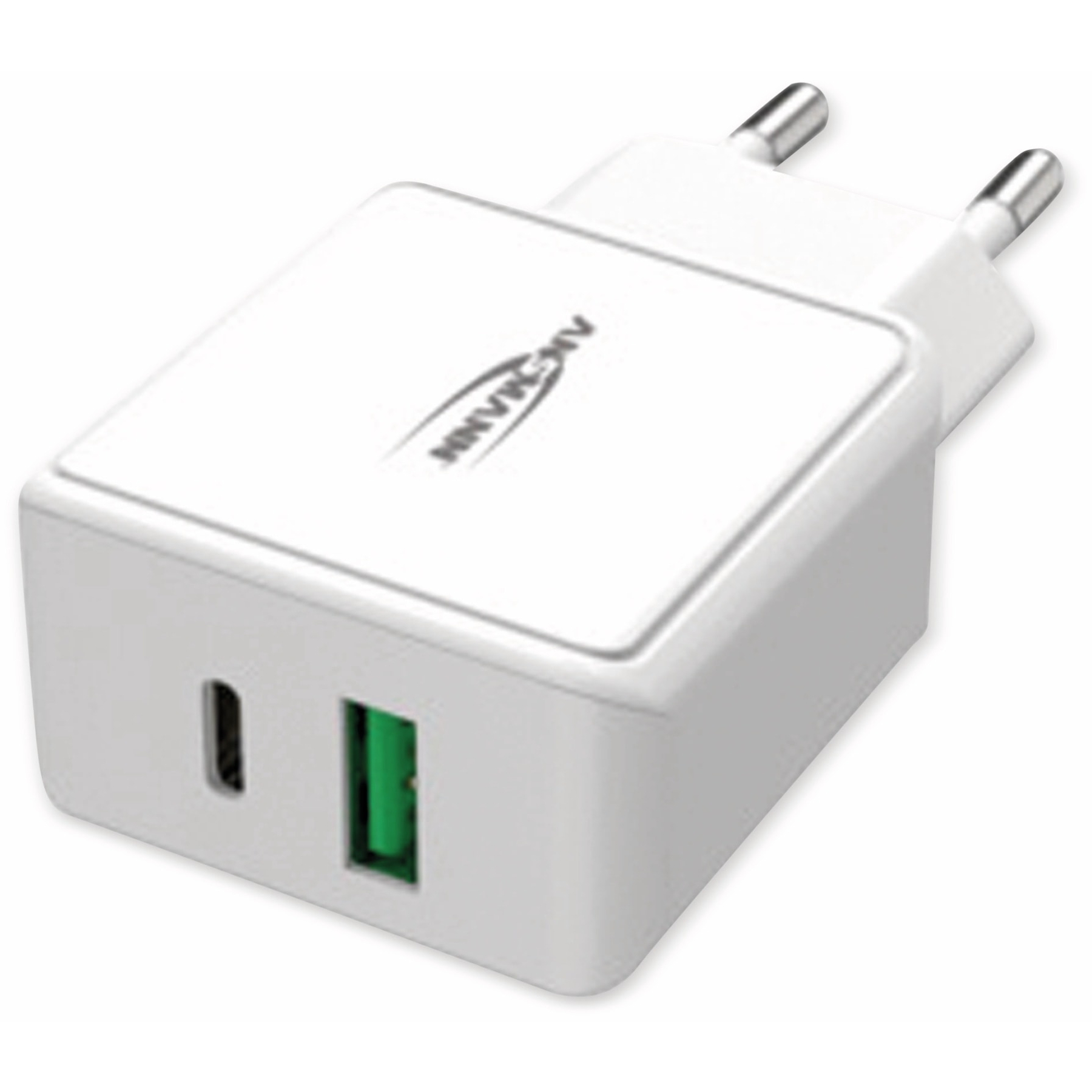 Un caricabatterie bianco con due porte USB e spine. Il marchio è stampato in alto.