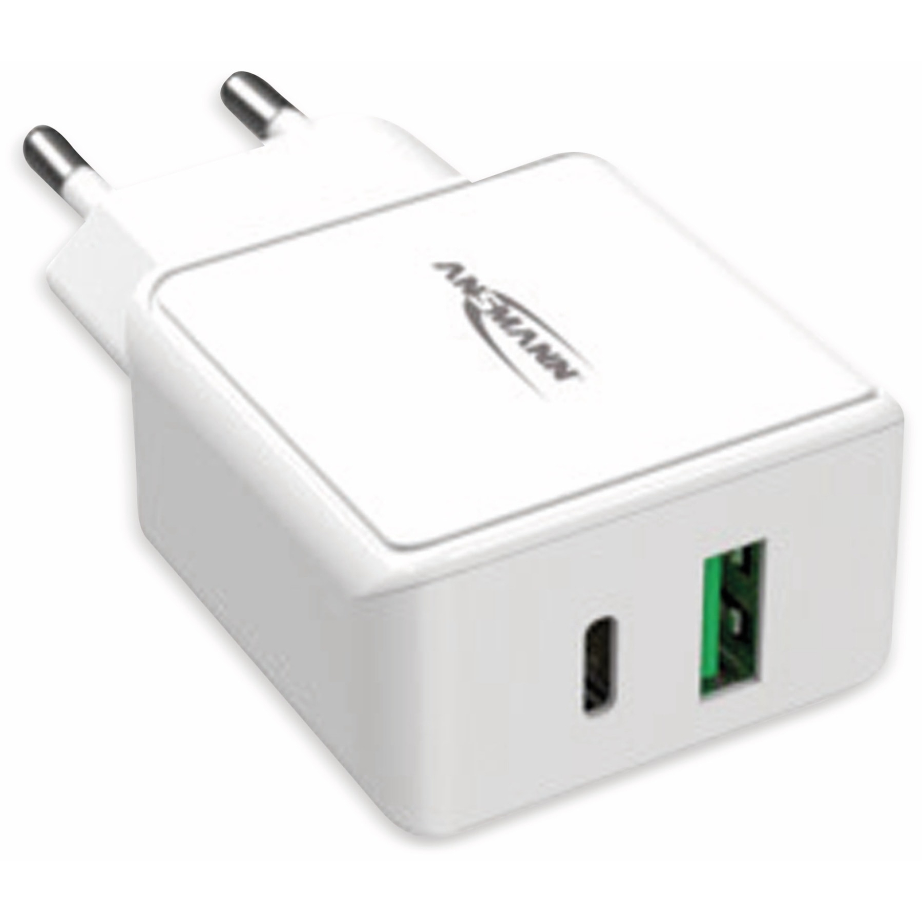 Caricabatterie Ansmann bianco con due spine, una porta USB-C e una porta USB verde.