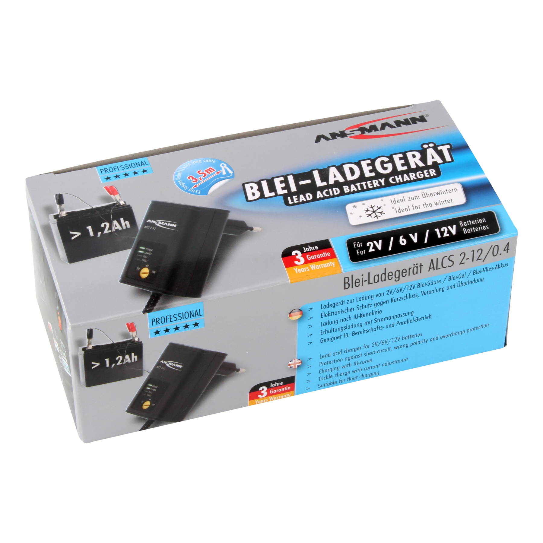 Eine Bleisäure-Batterieladegerät-Box. Es hat ein schwarzes Ladegerät, eine Batterie und Text auf Englisch und Deutsch.