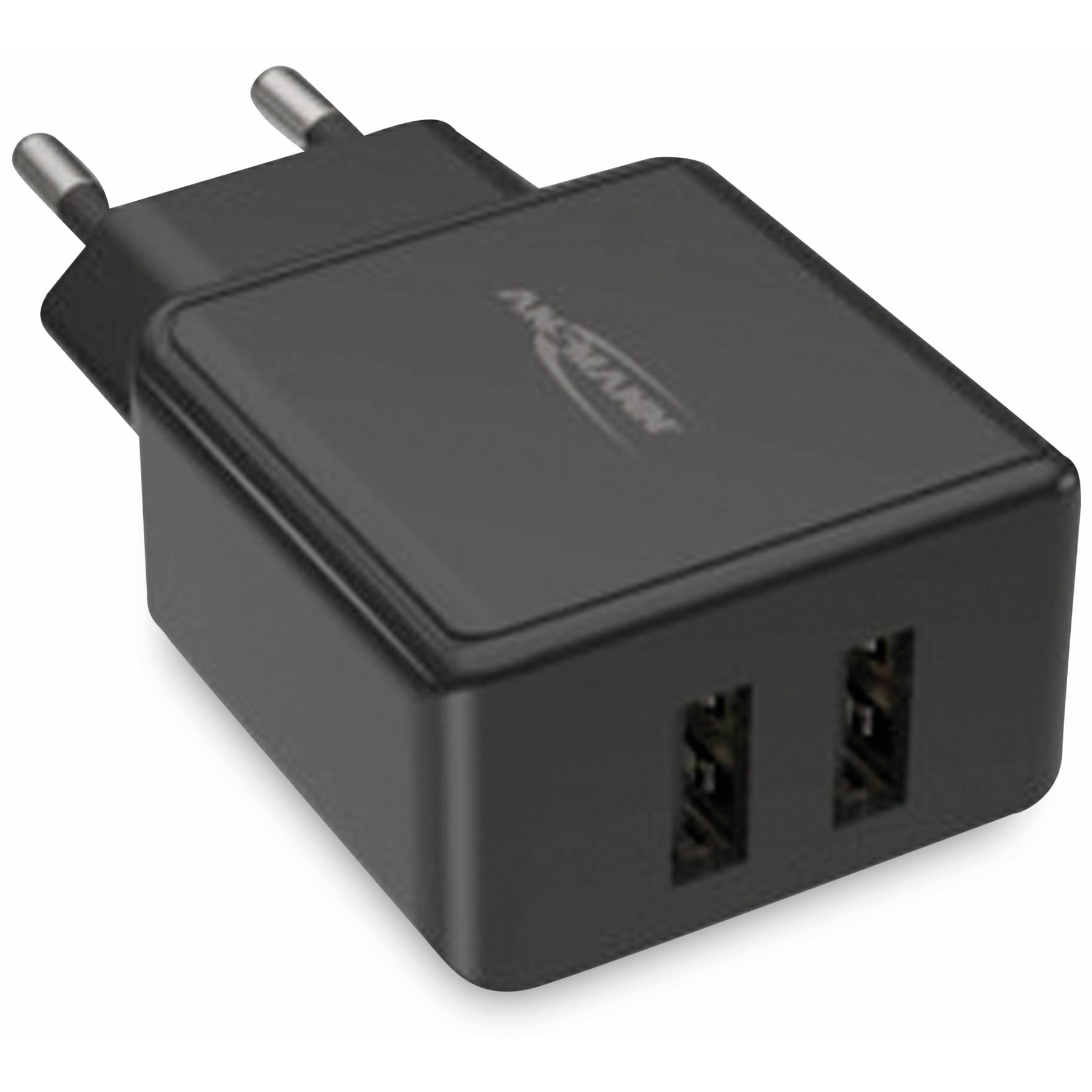 Un caricatore USB Ansmann nero con due porte e spinotti metallici per una presa europea, su sfondo bianco.
