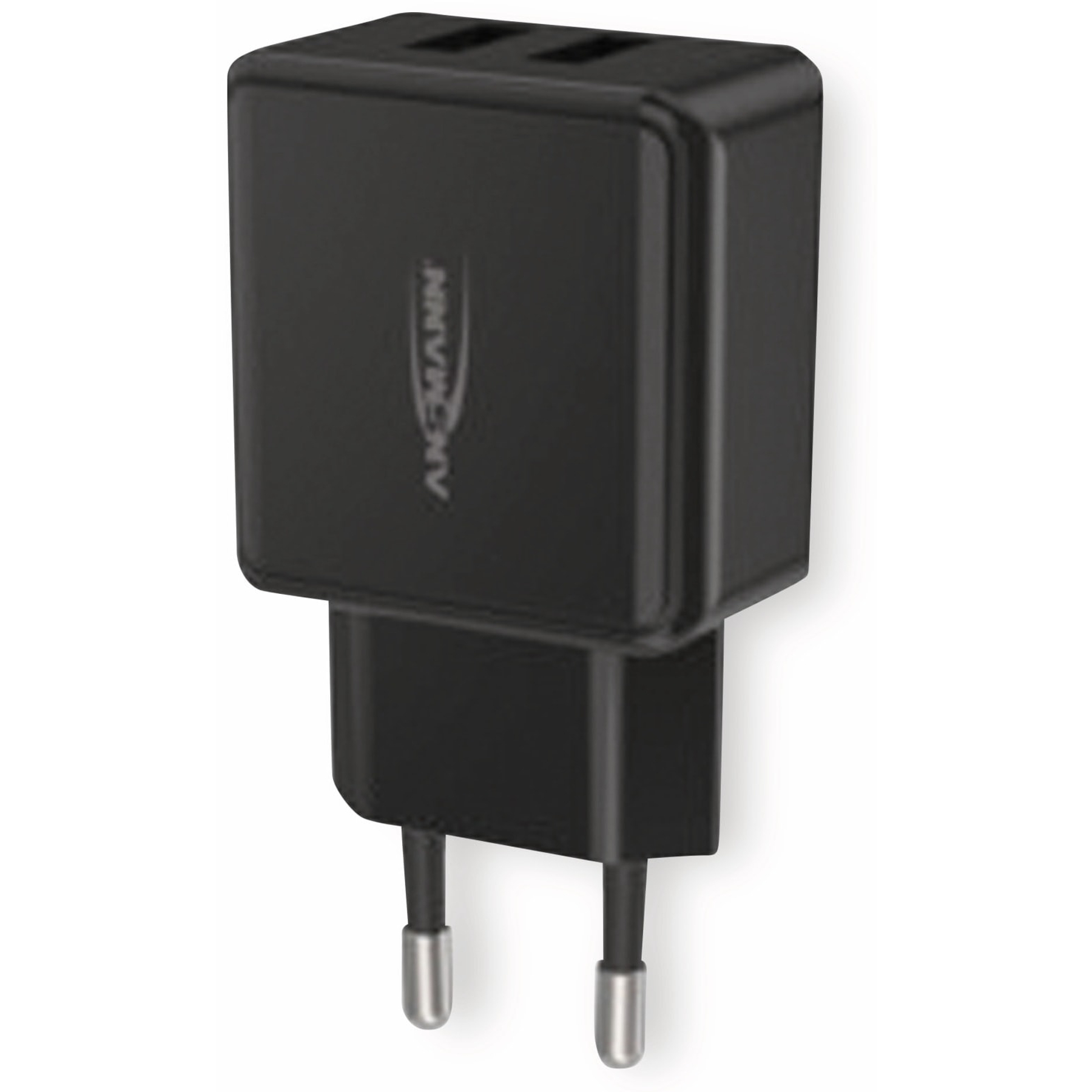 Un caricabatterie Ansmann nero con due porte USB e due pin. Lo sfondo è bianco.