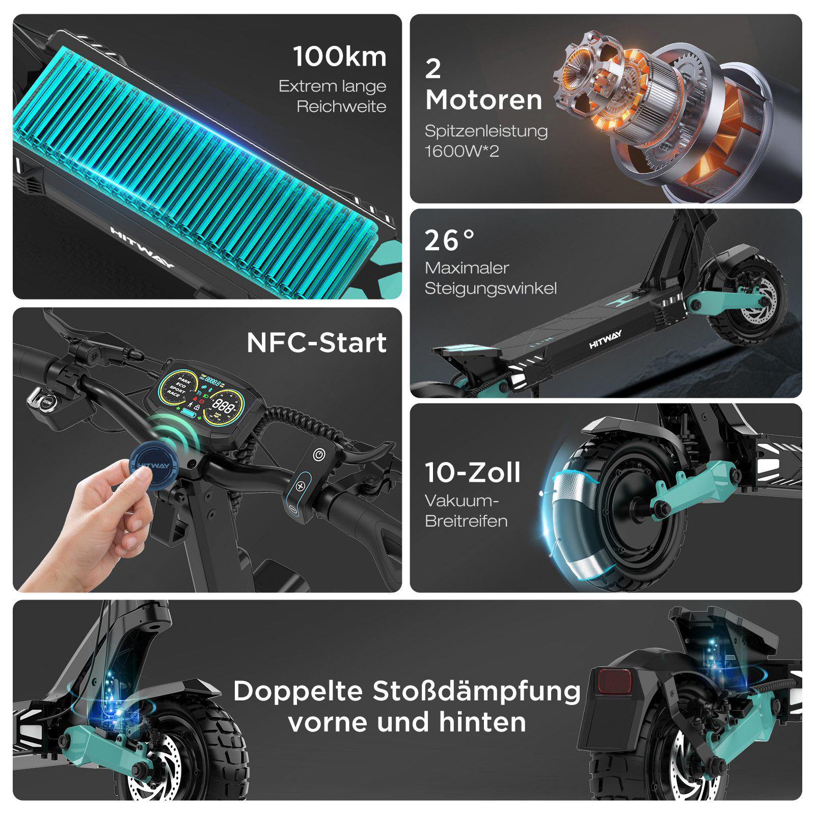 Elektroroller mit Funktionen: 100km Reichweite, Doppelmotoren, 26° Steigung, NFC-Start, 10-Zoll-Reifen und doppelte Stoßdämpfung.