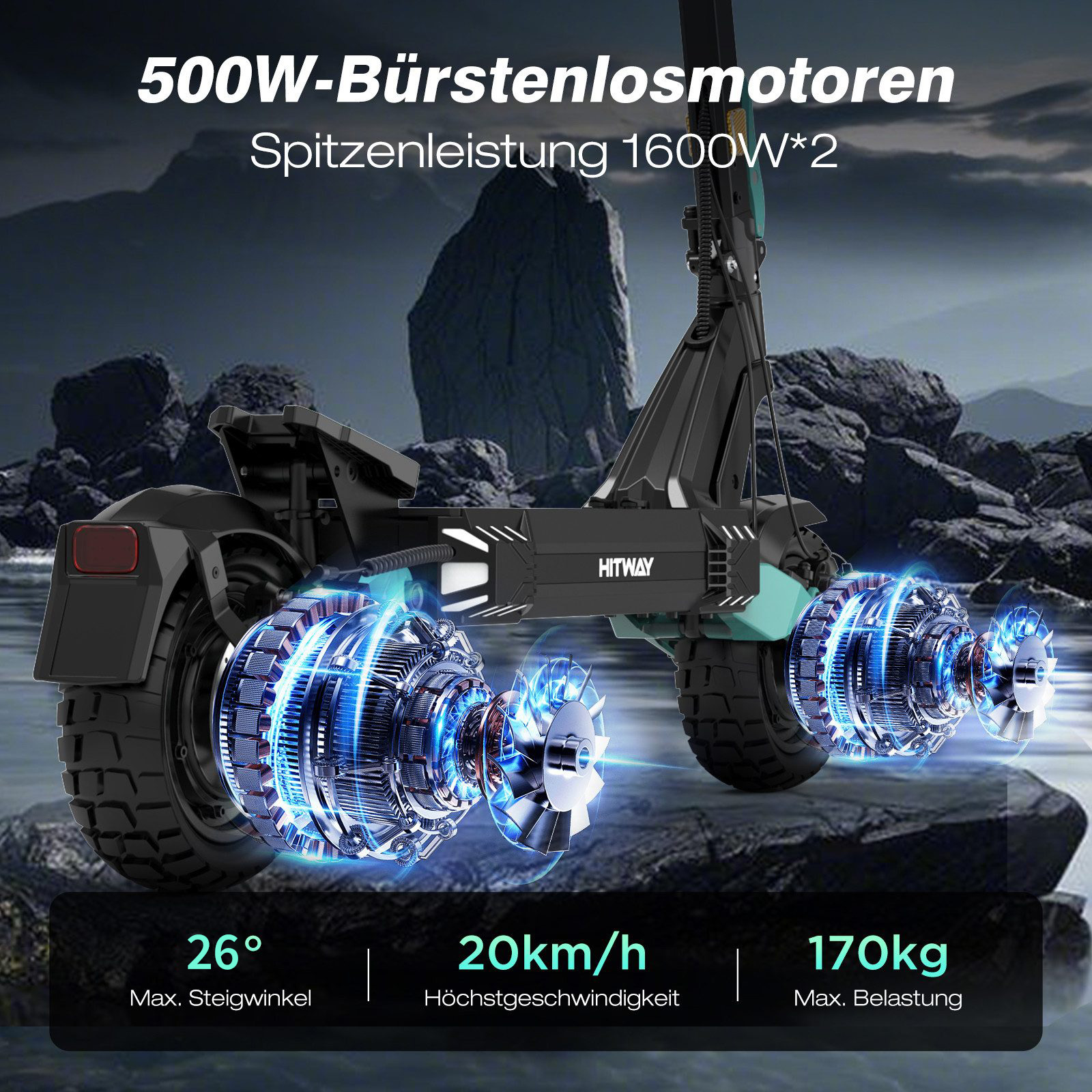 Ein Elektroroller mit blau leuchtenden Rädern wird mit folgenden Spezifikationen angezeigt: 26°, 20 km/h und 170 kg.