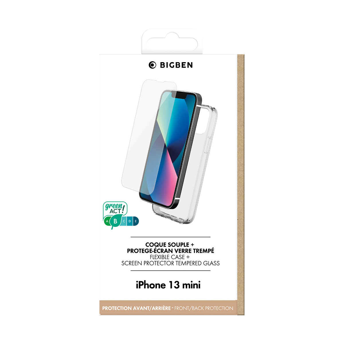 Un kit di protezione schermo per iPhone 13 mini. Include una custodia trasparente, vetro temperato e confezione con dettagli e marchio.