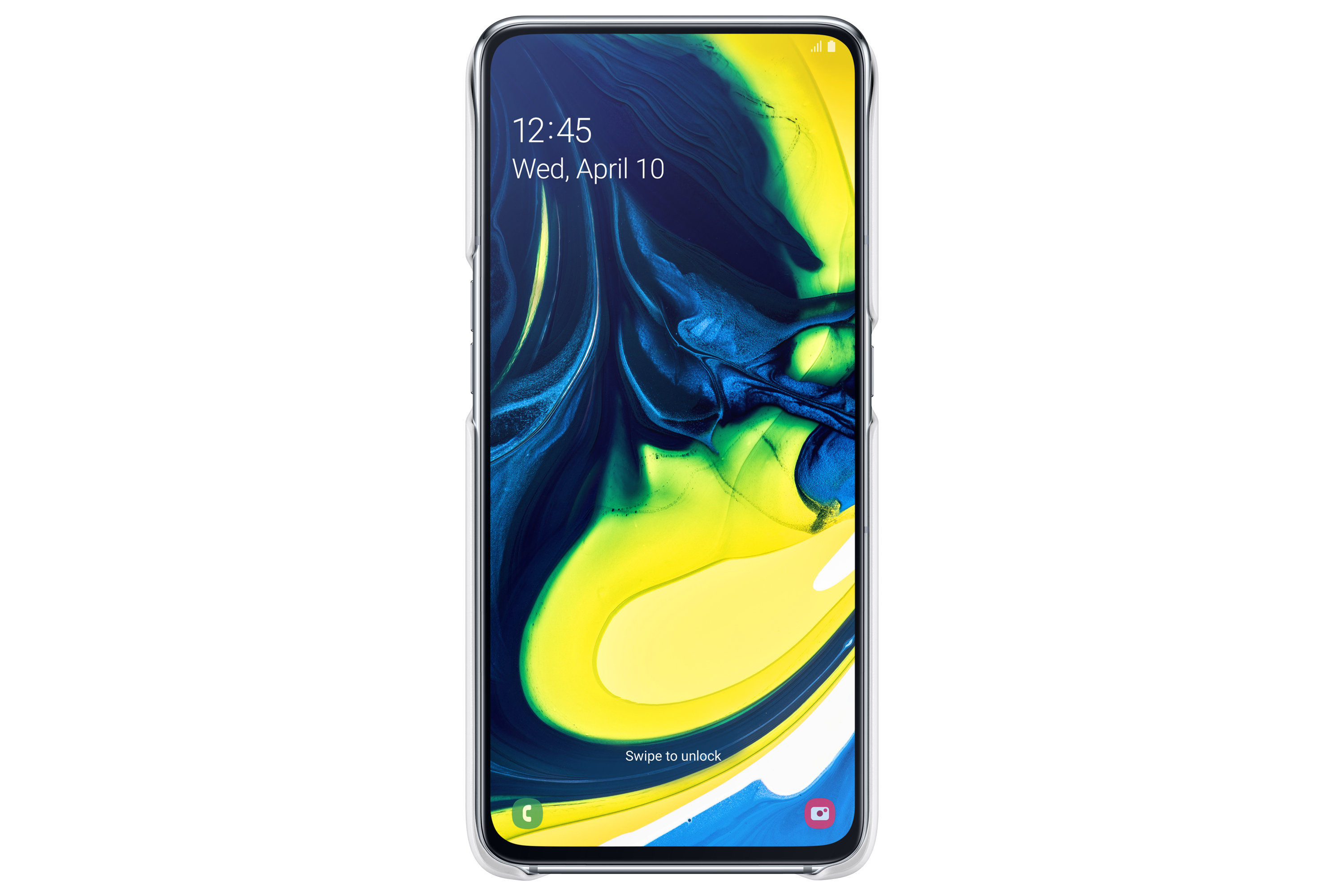 Uno smartphone mostra l'ora e la data sullo schermo. Lo sfondo ha forme astratte gialle e blu.