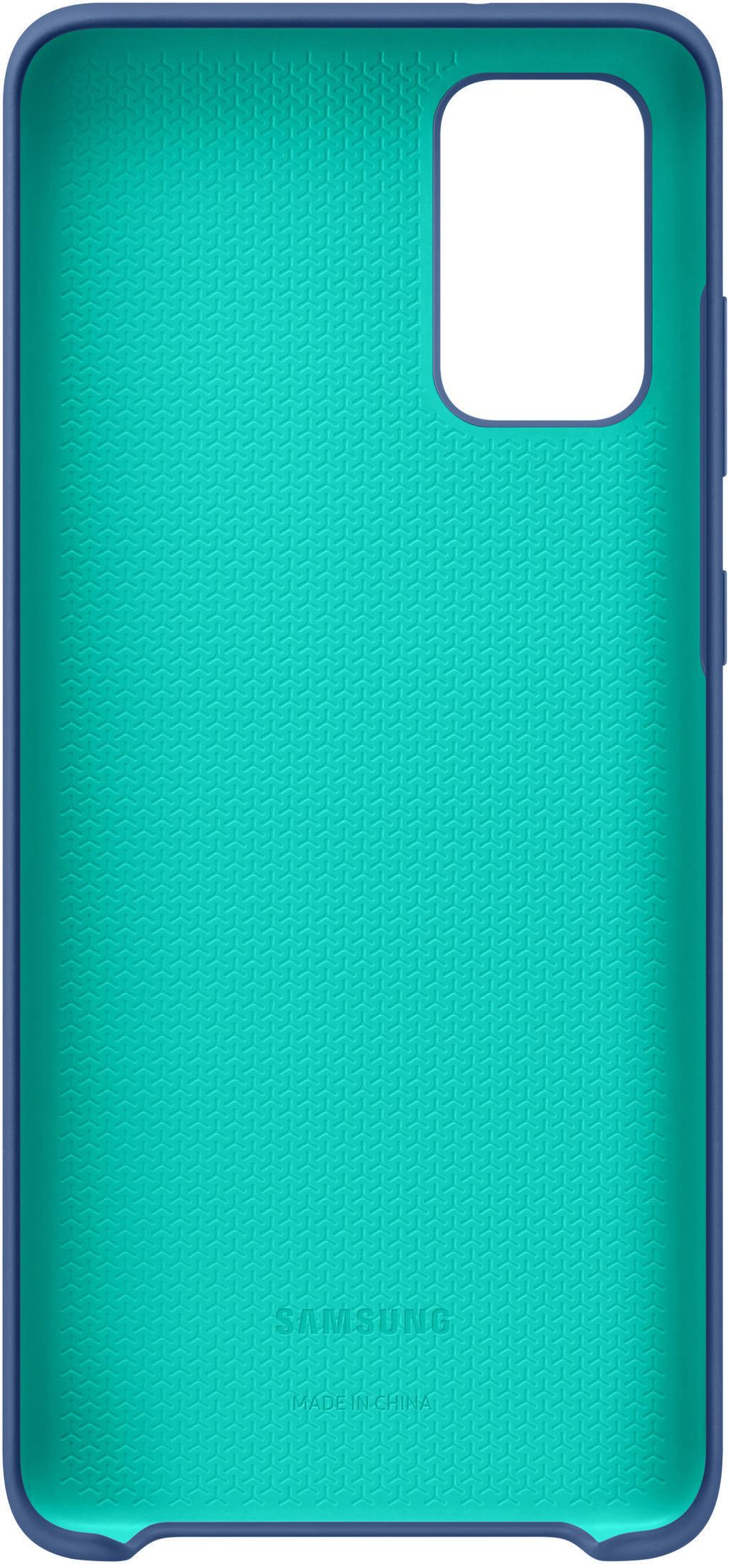 Una custodia per telefono turchese con una trama a motivi. La custodia ha un bordo blu e un ritaglio per la fotocamera.