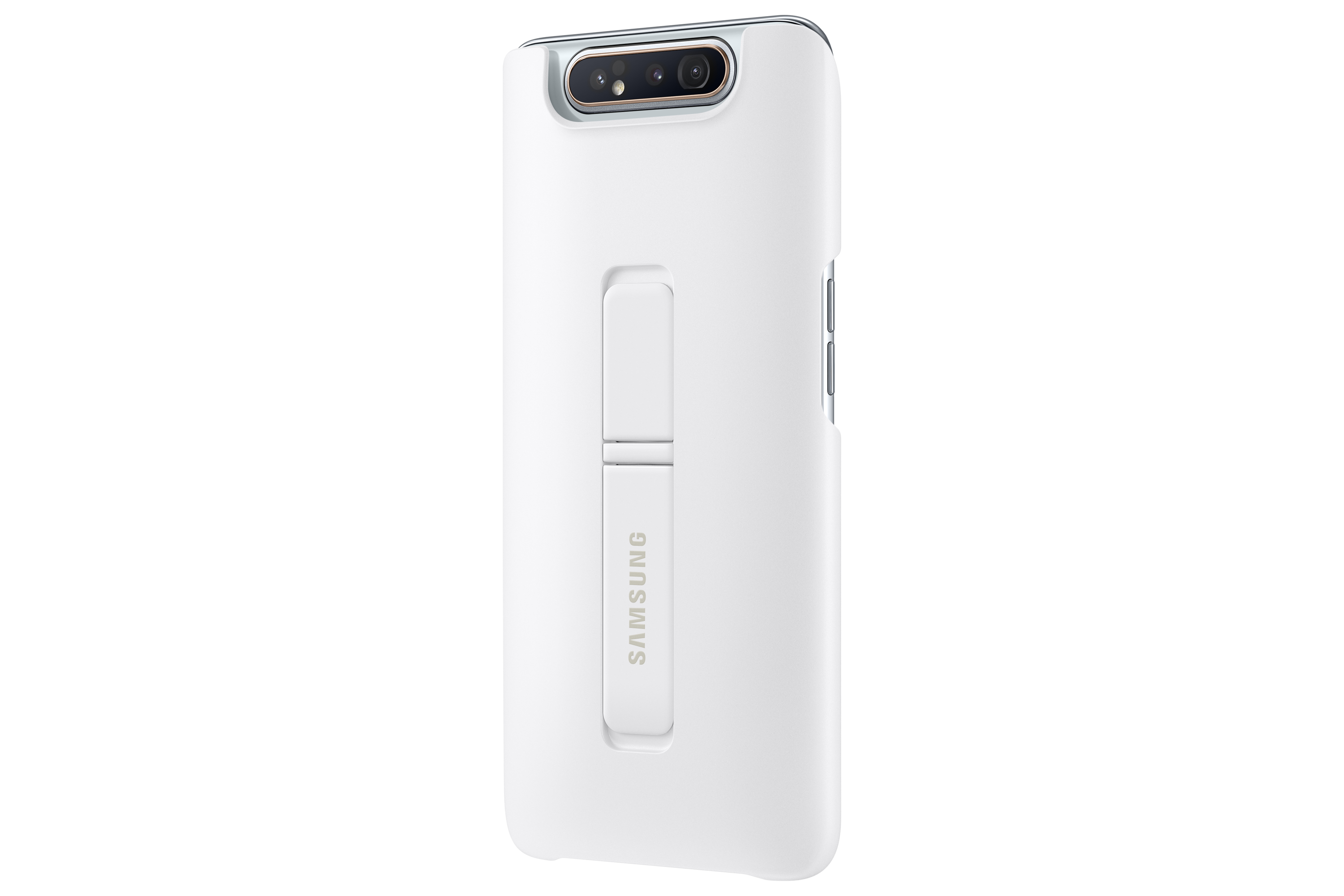 Una custodia bianca per telefono con cavalletto. Il logo Samsung è visibile. La custodia ha ritagli per la fotocamera in alto.