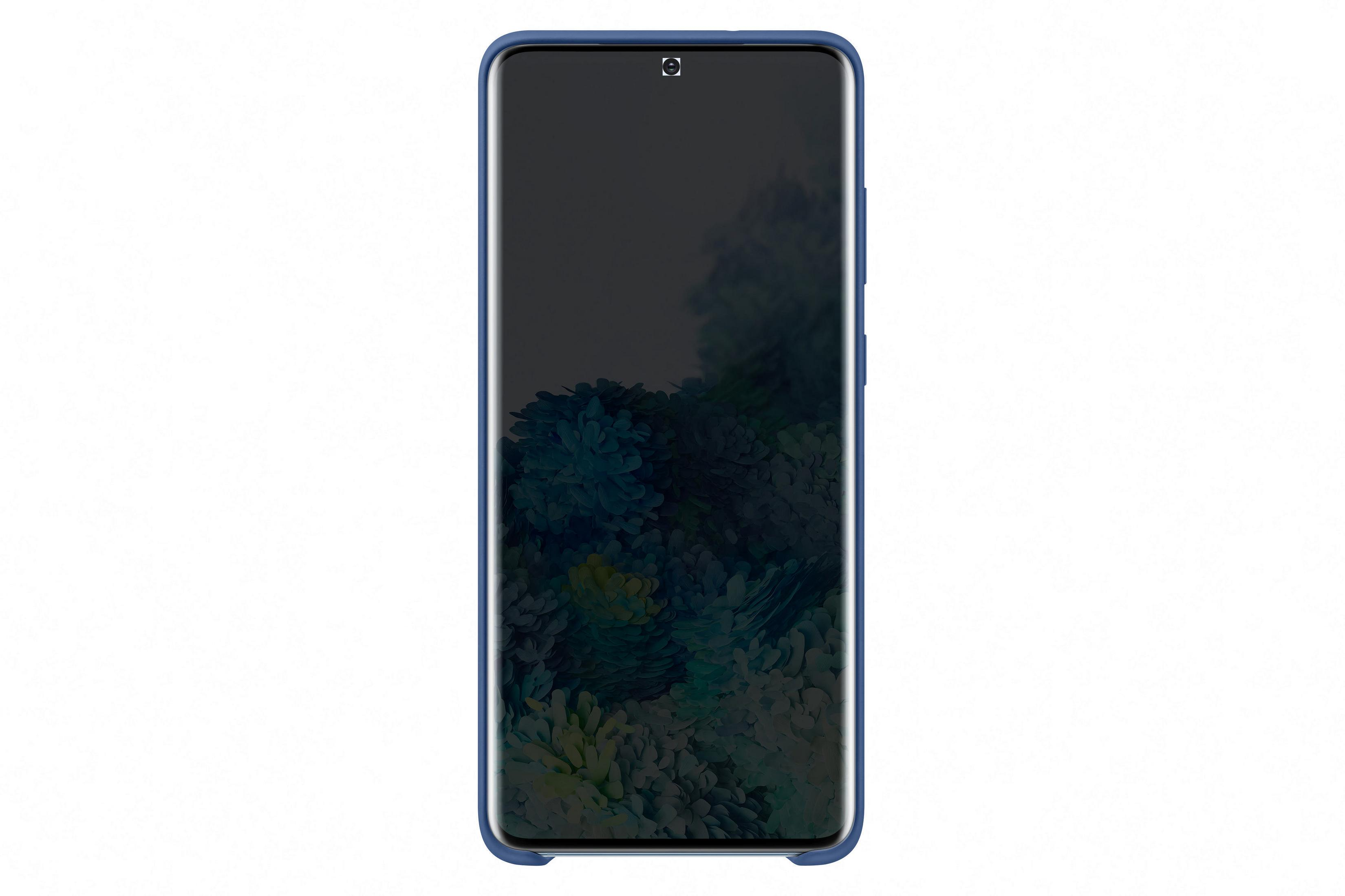 Smartphone con schermo scuro in custodia blu, su sfondo bianco. Lo schermo mostra un'immagine sfocata.