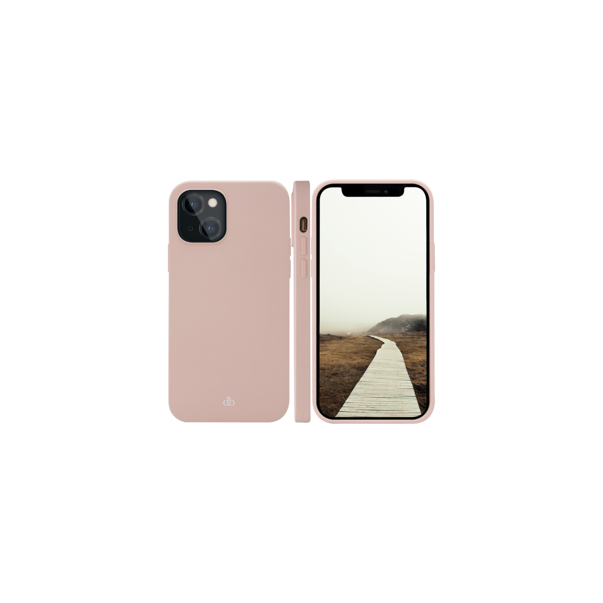 Custodia rosa per telefono con telefono su sfondo bianco. Lo schermo mostra un sentiero di legno.