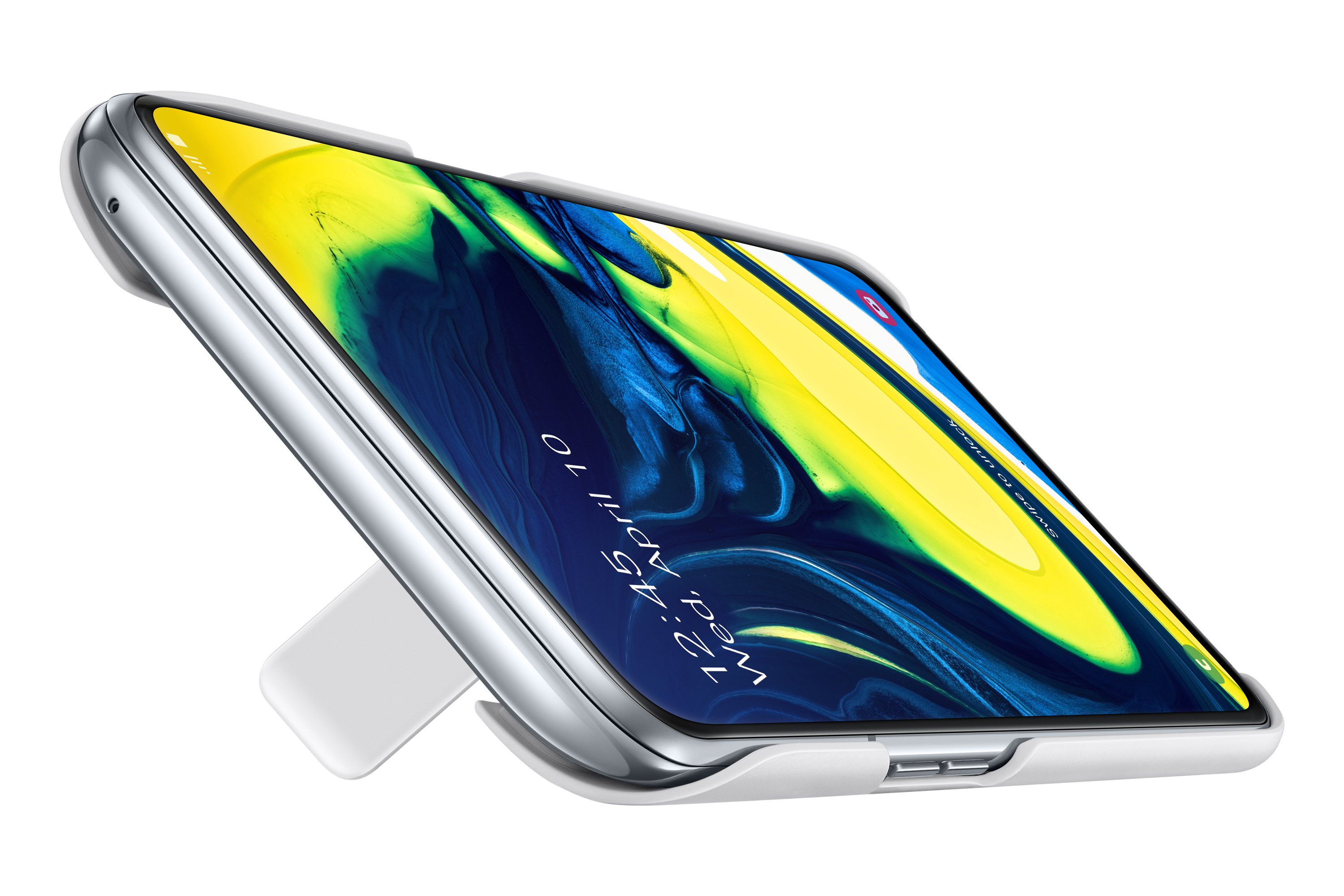 Un telefono argentato con supporto bianco. Lo schermo mostra uno sfondo astratto blu e giallo. Data e ora sono visibili.