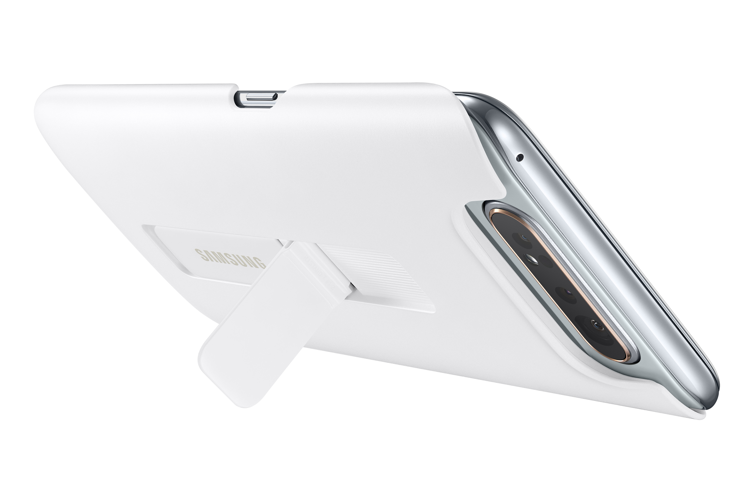 Custodia bianca per telefono Samsung. Ha un supporto e una fotocamera. Il telefono è argentato e ha una fotocamera nera.