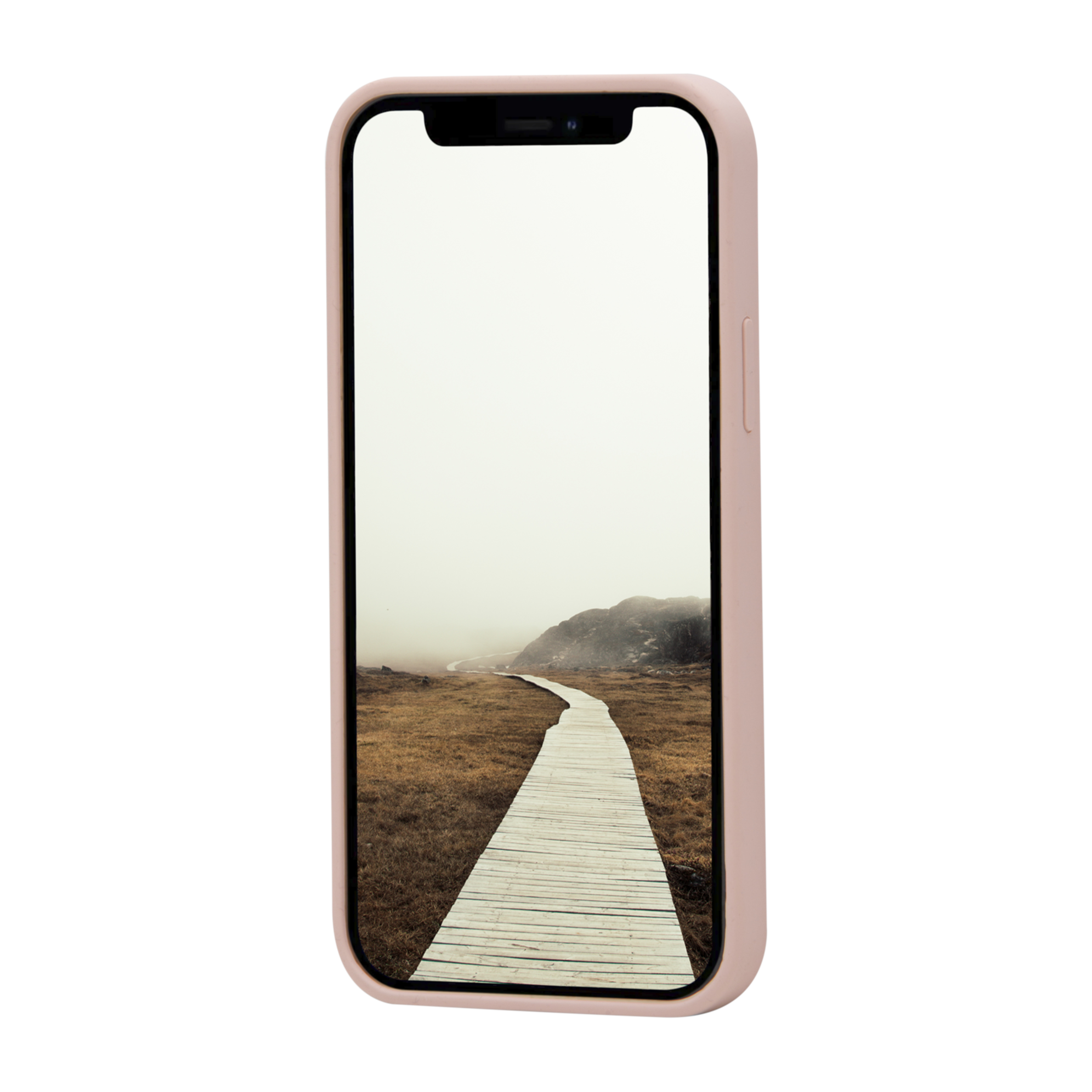 Uno smartphone mostra un sentiero di legno in un paesaggio. Il telefono è in una custodia rosa, su sfondo bianco.