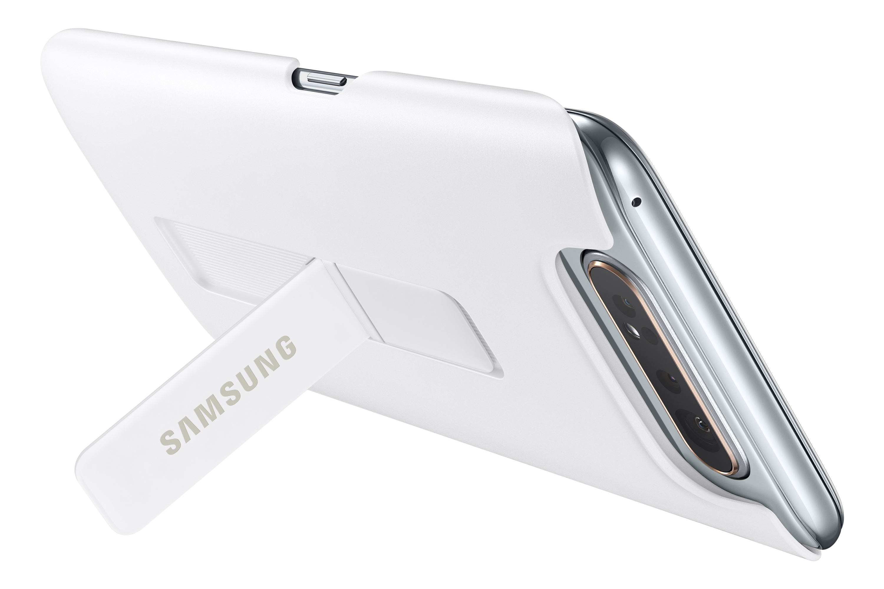 Custodia bianca per telefono Samsung con cavalletto che supporta un telefono argentato. Il cavalletto ha il logo Samsung.