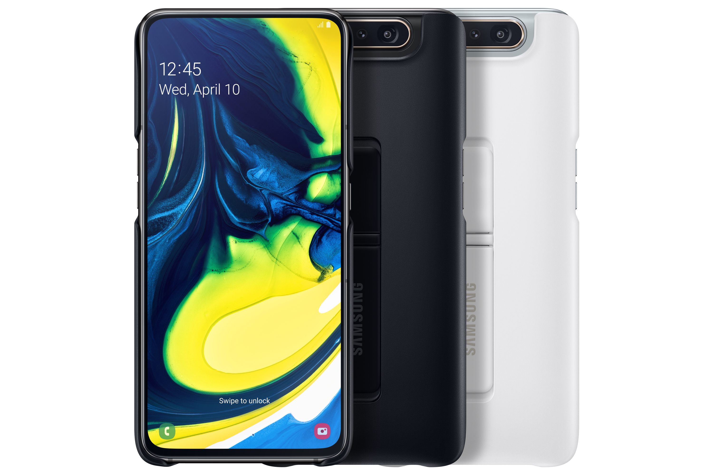 Tre smartphone con custodie: nero, bianco e un telefono con display che mostra l'ora e la data.