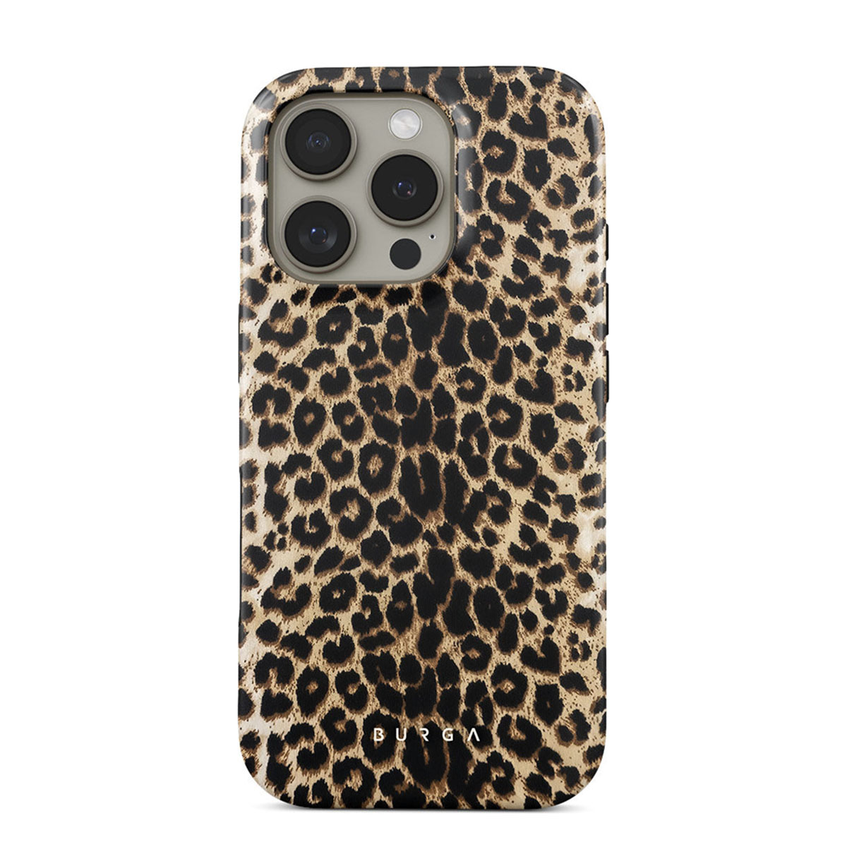 Una custodia per iPhone con stampa leopardata. Ha una finitura lucida e il marchio 'BURGA' è visibile in basso.
