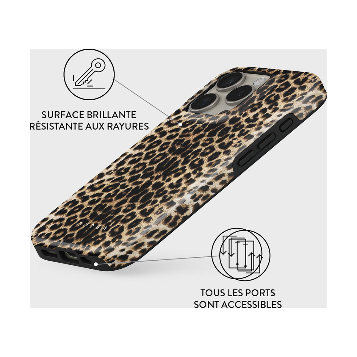 Una custodia per iPhone con motivo leopardato è esposta su sfondo bianco. La custodia ha una finitura lucida ed è resistente ai graffi.