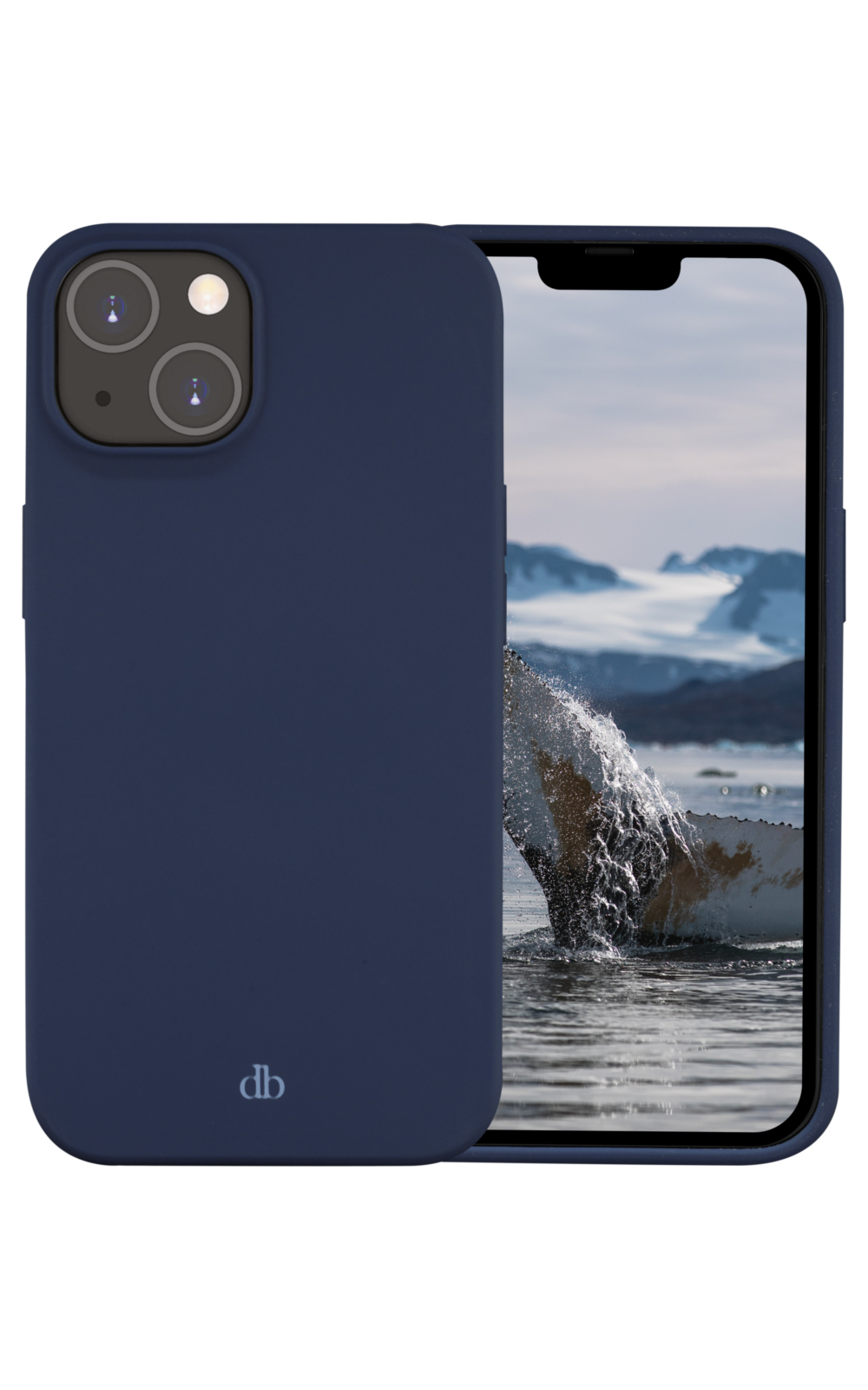 Una custodia blu navy per iPhone 13 mostra una balena che emerge dall'acqua. La custodia ha le iniziali 'db'.