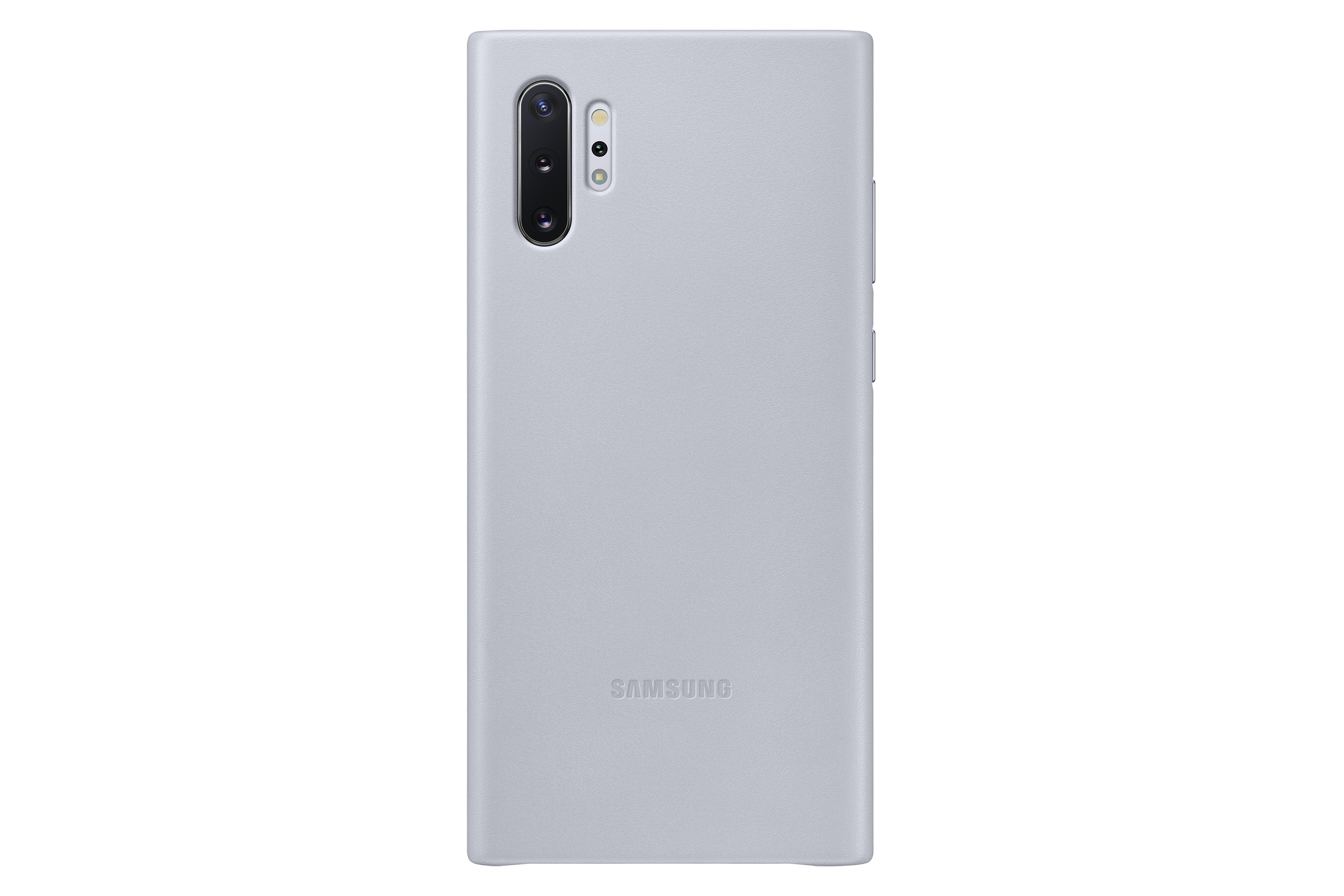 Eine hellgraue Samsung-Handyhülle. Es hat ein Kameramodul und das Samsung-Logo.