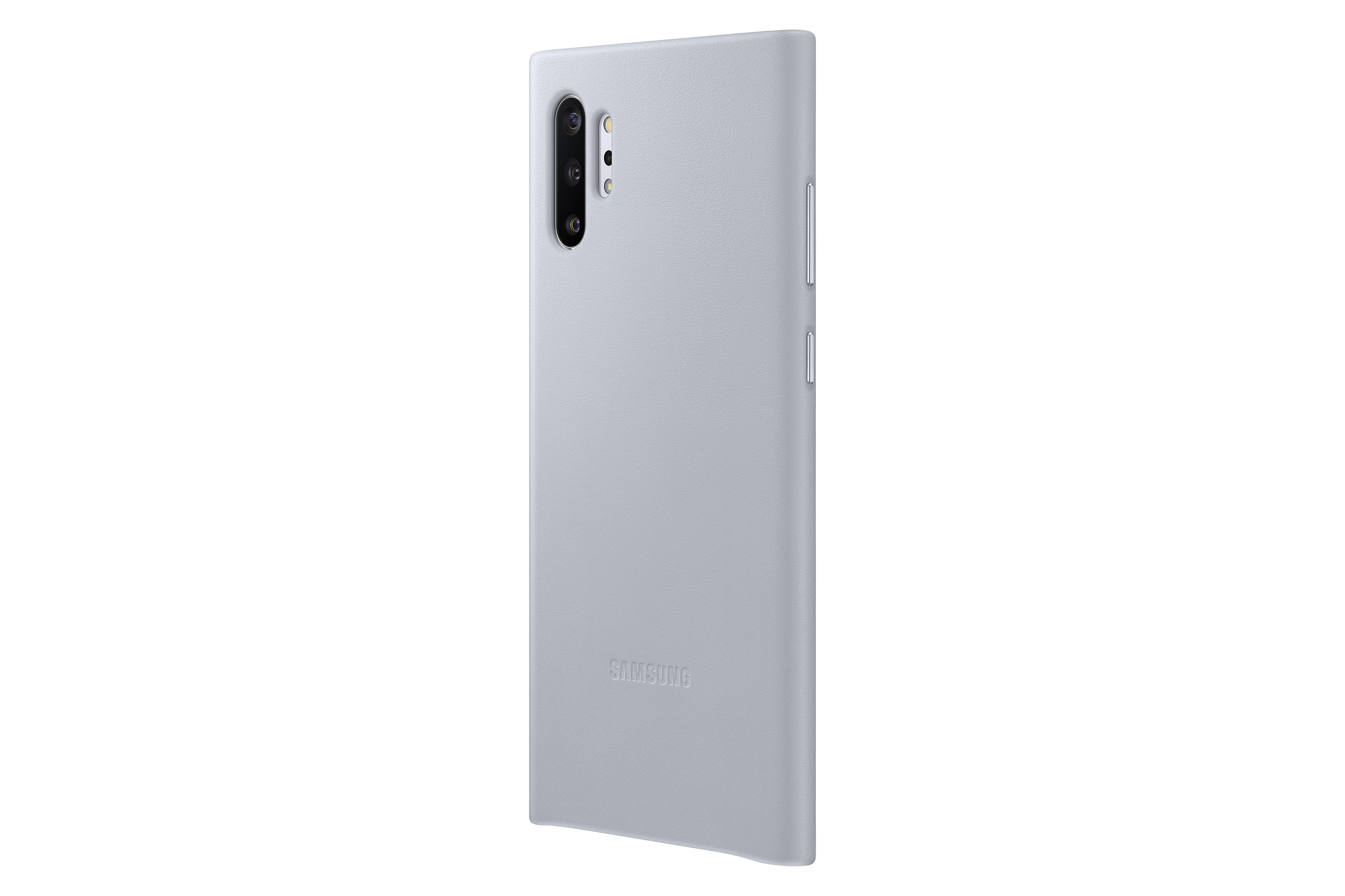 Eine hellgraue Samsung-Handyhülle. Die Hülle hat einen Kameraausschnitt und das Samsung-Logo. Knöpfe sind an der Seite sichtbar.