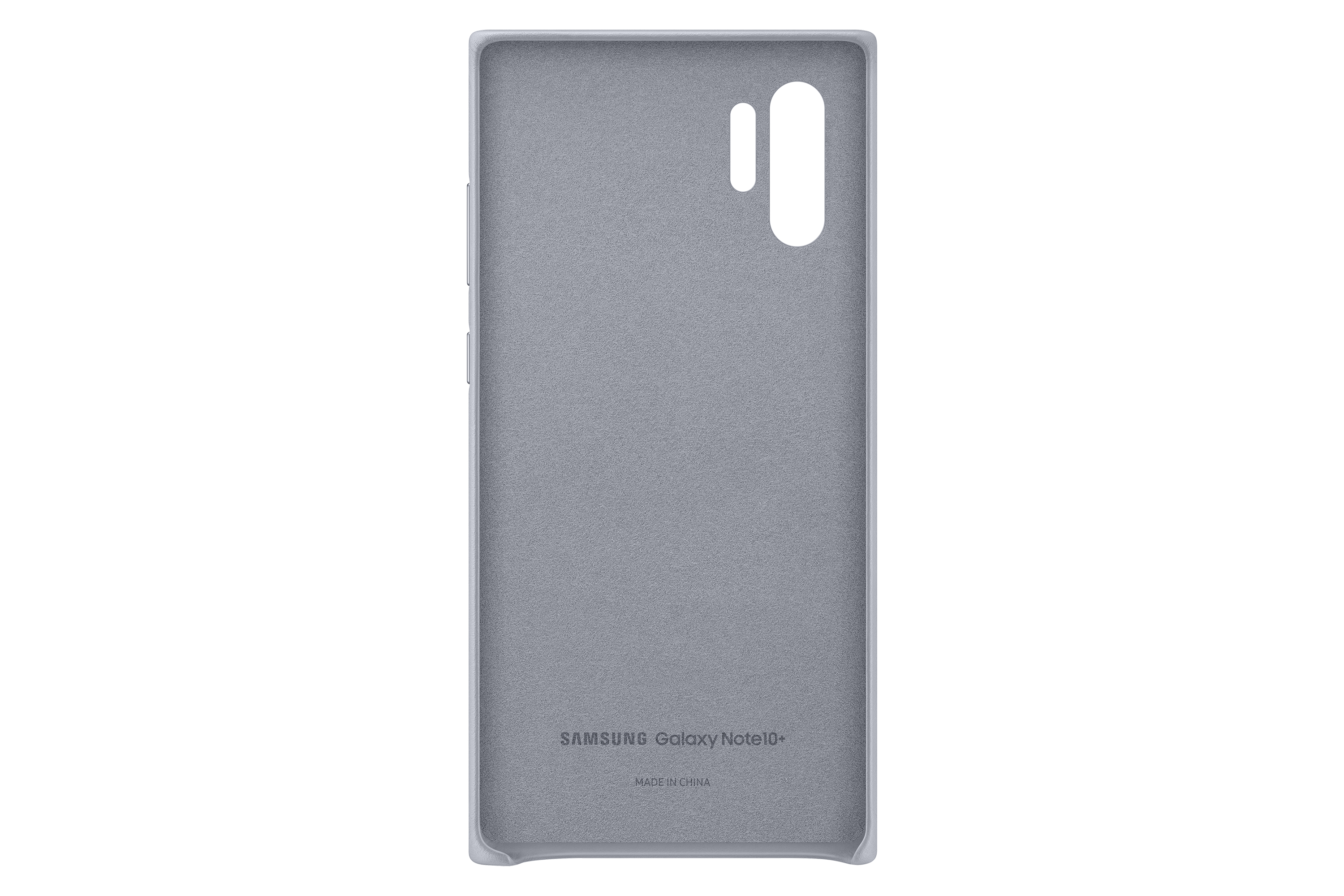 Eine hellgraue Handyhülle für ein Samsung Galaxy Note10+. Sie hat Aussparungen für Kamera und Tasten und ist in China hergestellt.