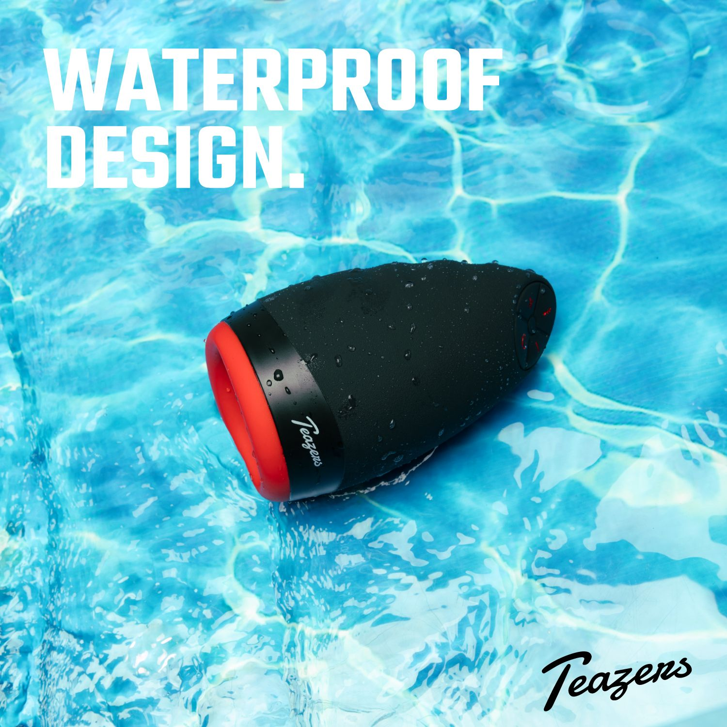 Ein schwarzer und roter Lautsprecher schwimmt in blauem Wasser. Weißer Text sagt: 'WASSERDICHTES DESIGN'. Der Markenname Teazens ist unten.