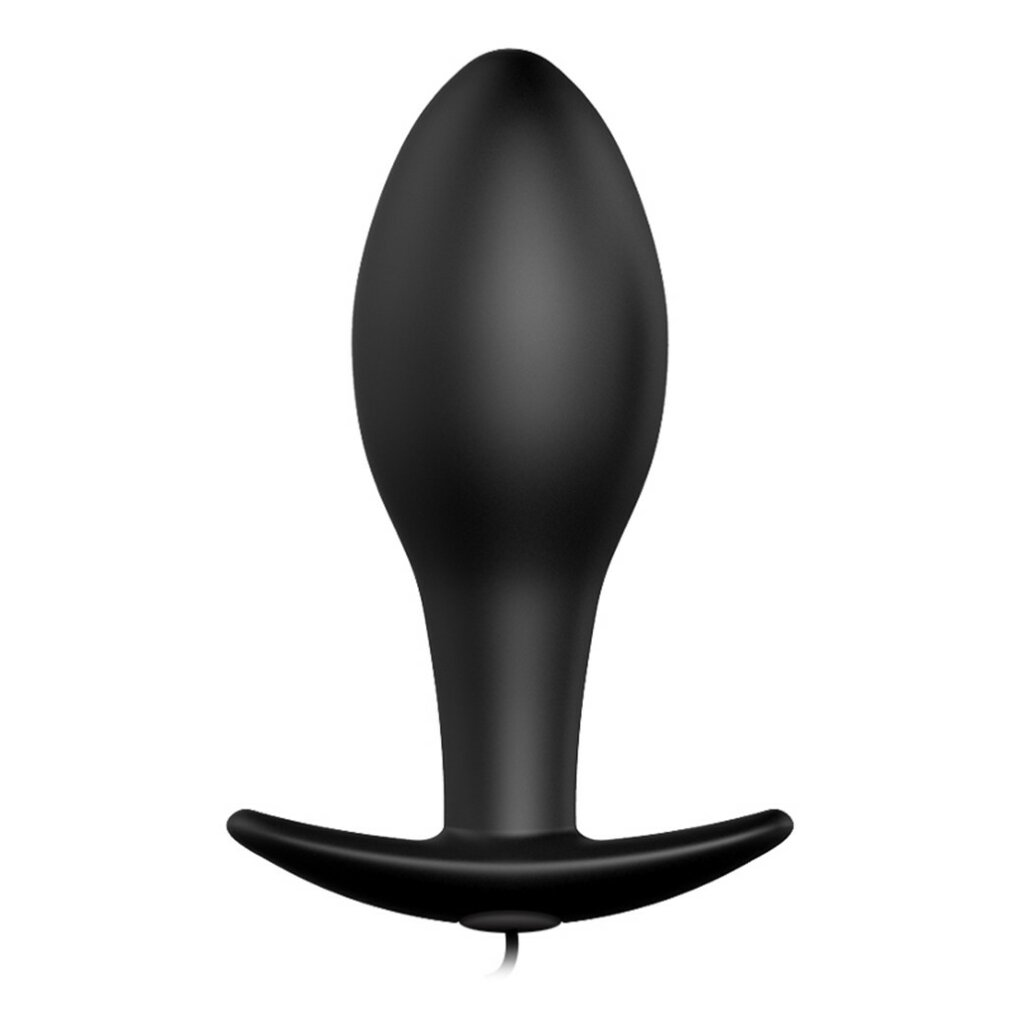 Ein schwarzes, tropfenförmiges Sexspielzeug mit T-förmiger Basis und einem kleinen, dünnen Kabel.