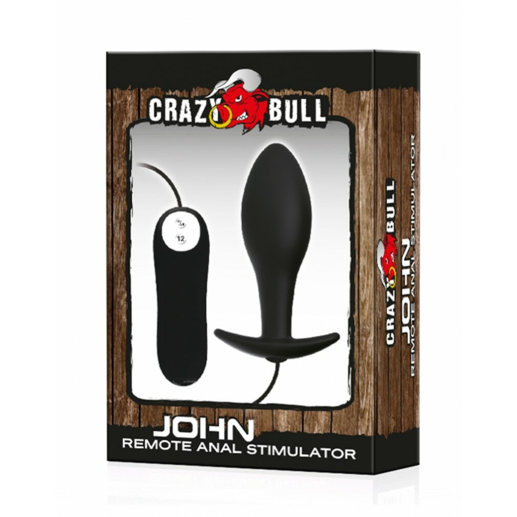 Schwarzes Sexspielzeug und Fernbedienung in einer Box. Text auf der Box lautet 'CRAZY BULL JOHN REMOTE ANAL STIMULATOR'.