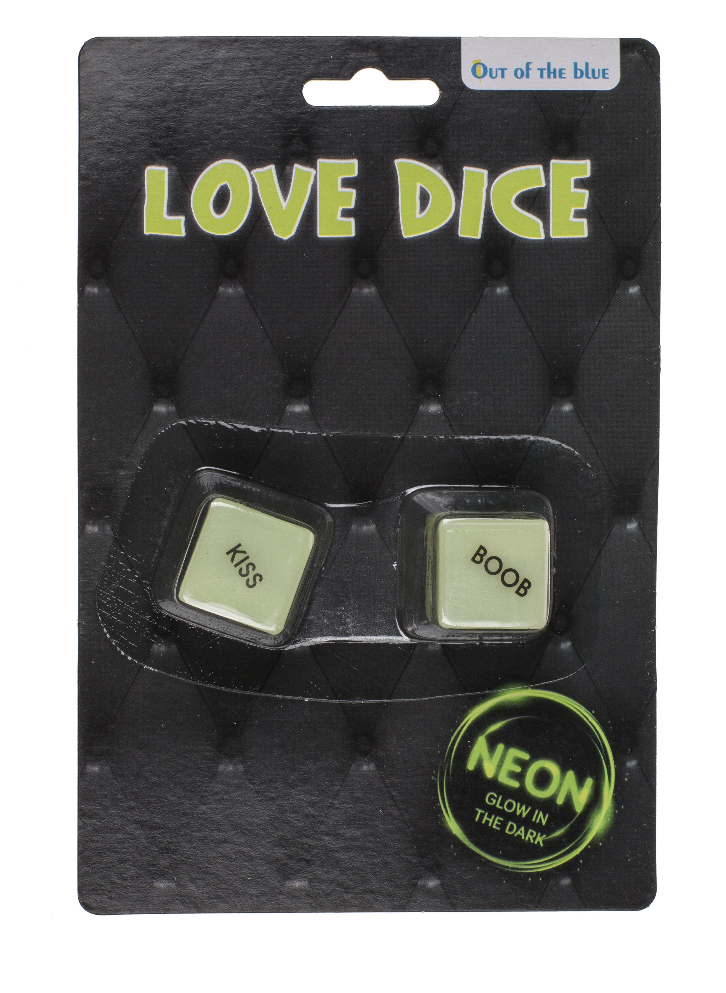 Paket mit 'LOVE DICE' und zwei Würfeln mit den Aufschriften 'KISS' und 'BOOB'. Es ist Neon und leuchtet im Dunkeln.