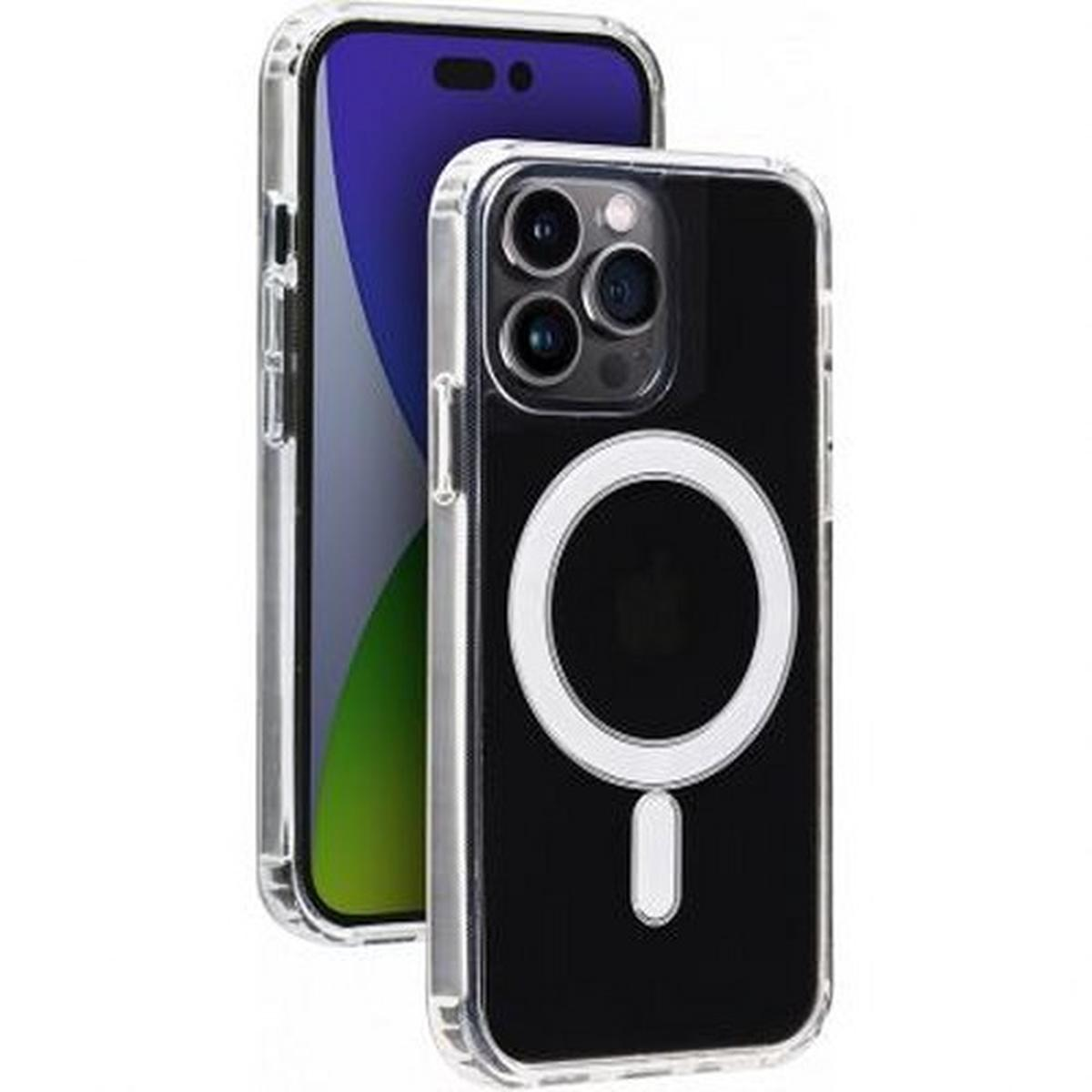 Due smartphone in custodie trasparenti. Uno mostra uno schermo blu, l'altro ha un retro nero con un cerchio bianco.