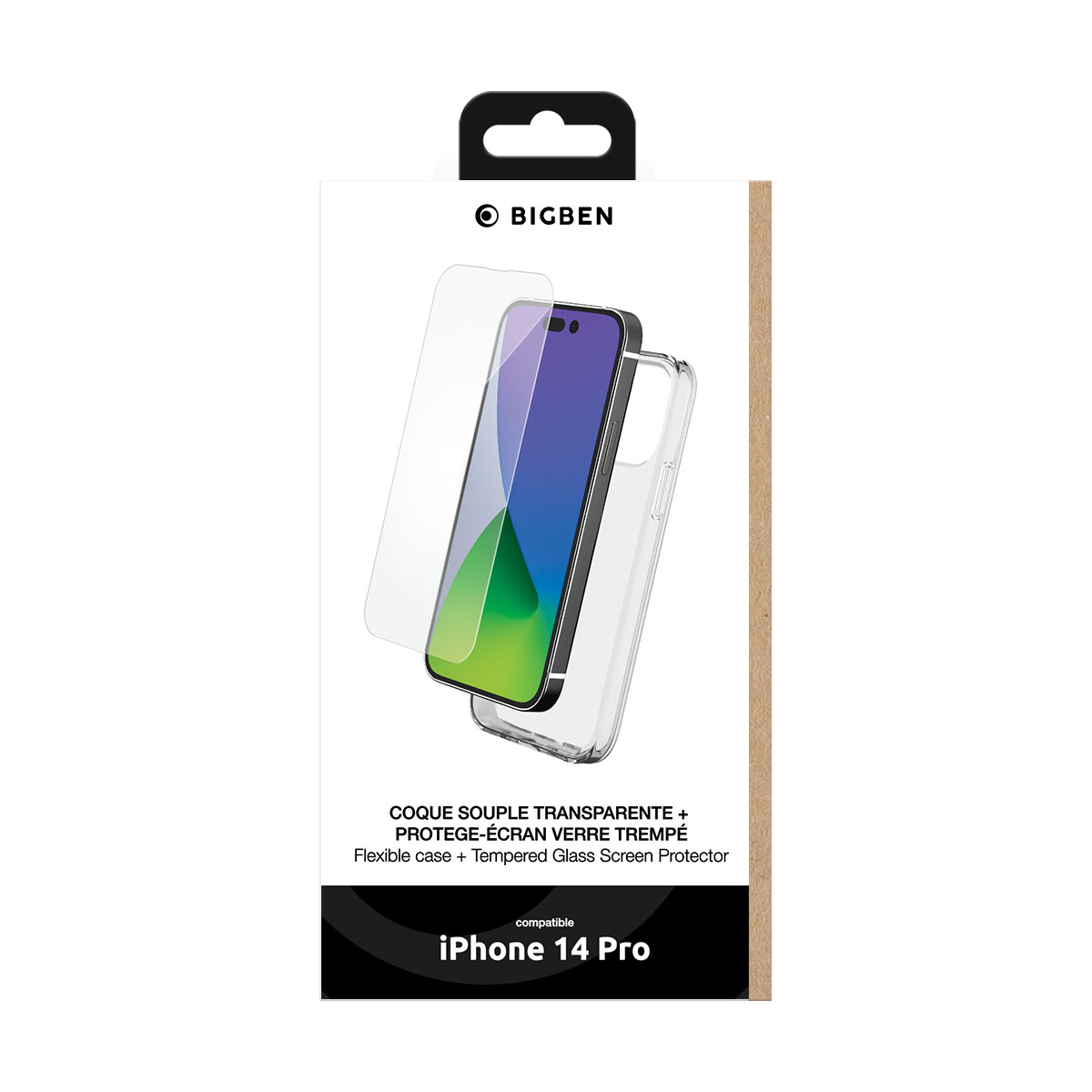 Un set di custodia e protezione schermo per iPhone 14 Pro. La confezione include custodia, protezione e logo del marchio.