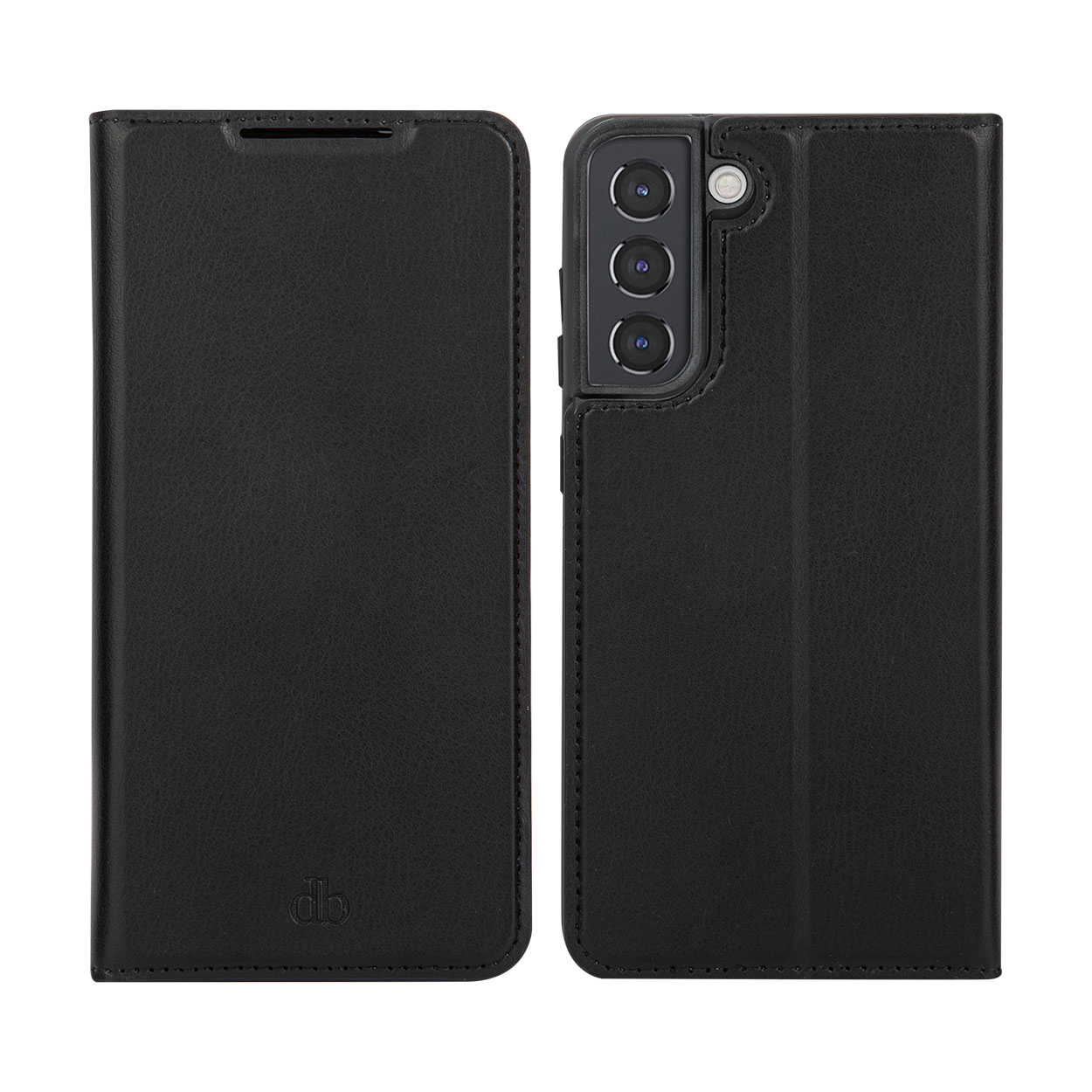 Custodia per telefono nera con vista frontale e posteriore. Presenta un ritaglio per la fotocamera e un logo in basso. La custodia è aperta.